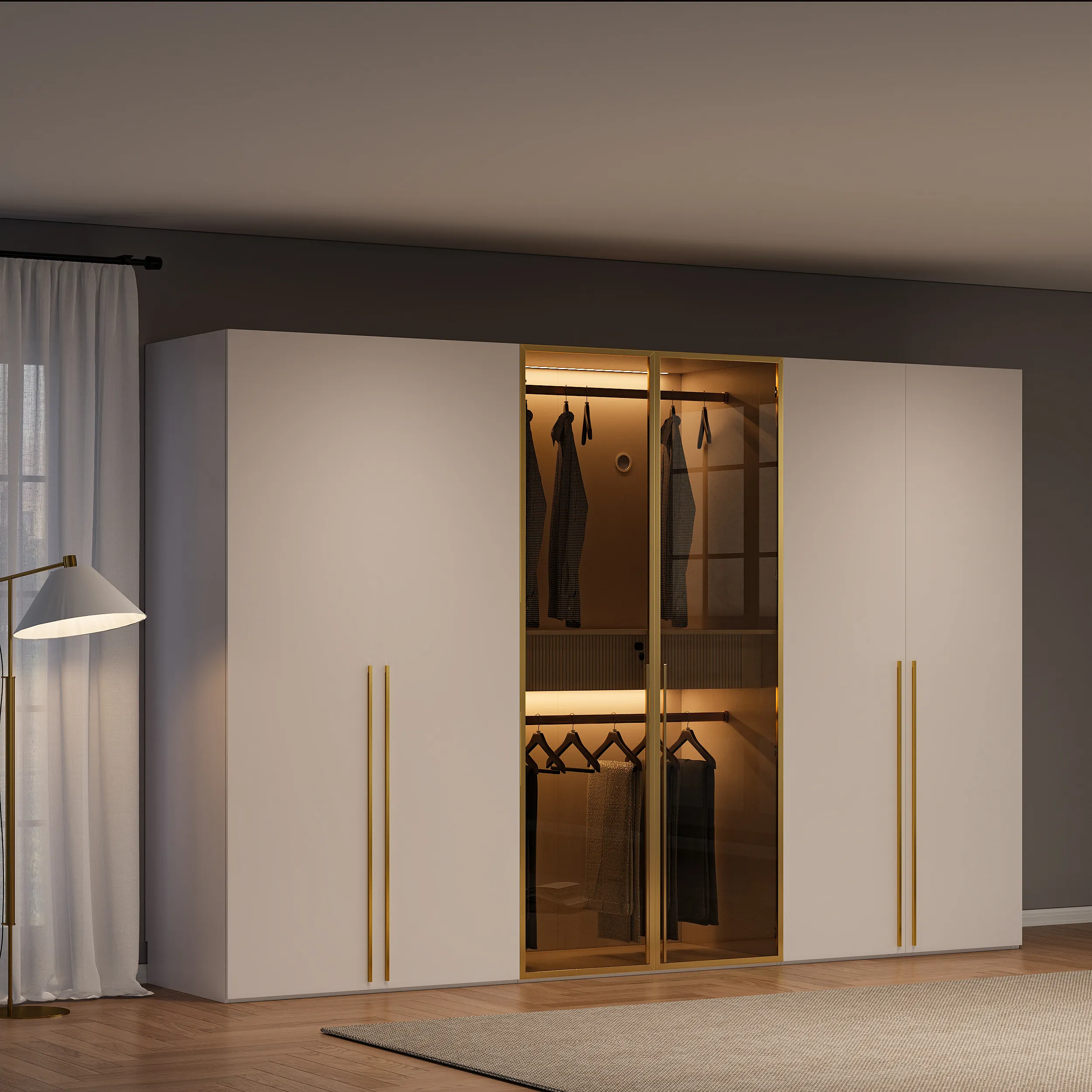 6-Door Wardrobe with Glass Display and Lighting - Ivory product
