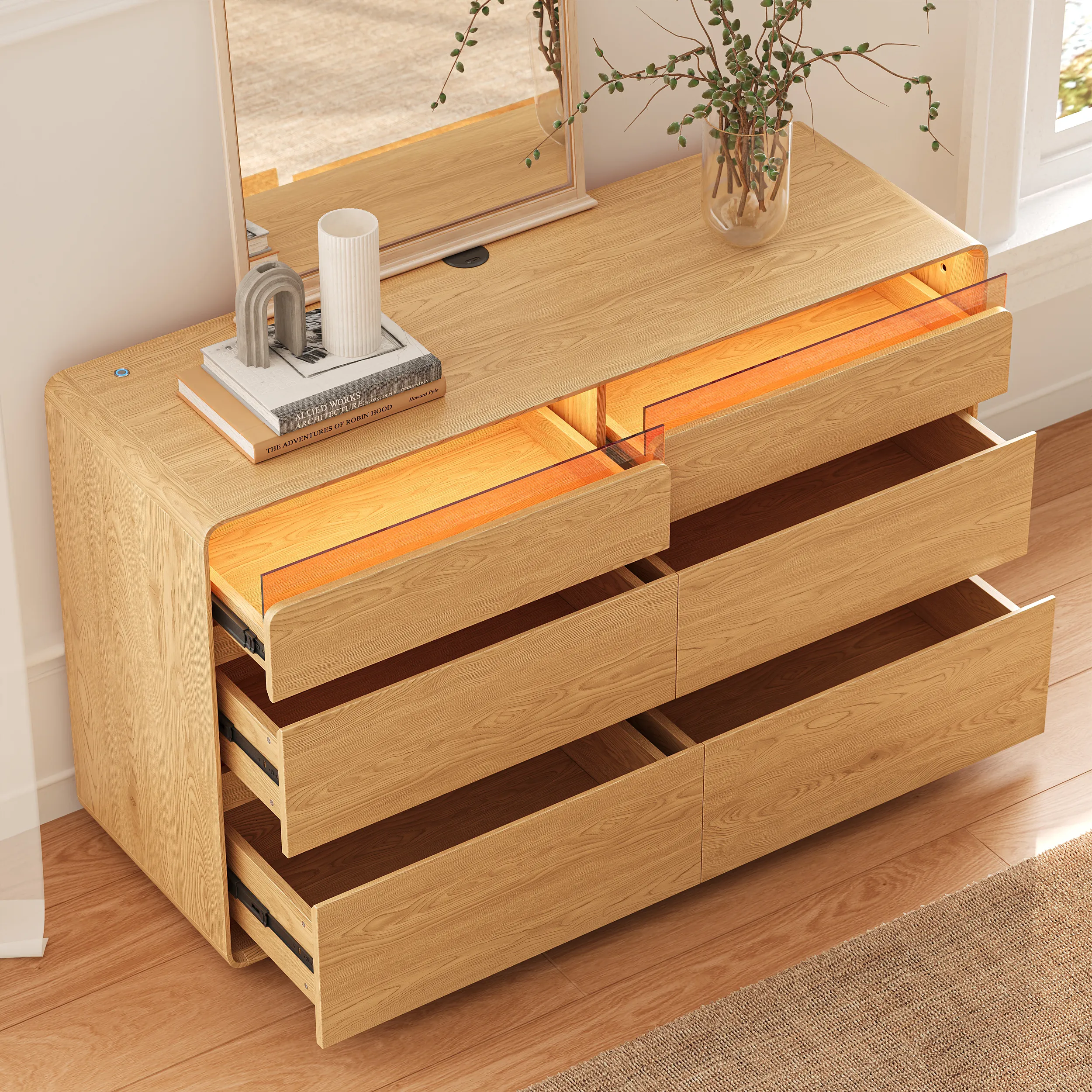 6-Drawer Dresser with LED and Charging Station - Natural, Wood product