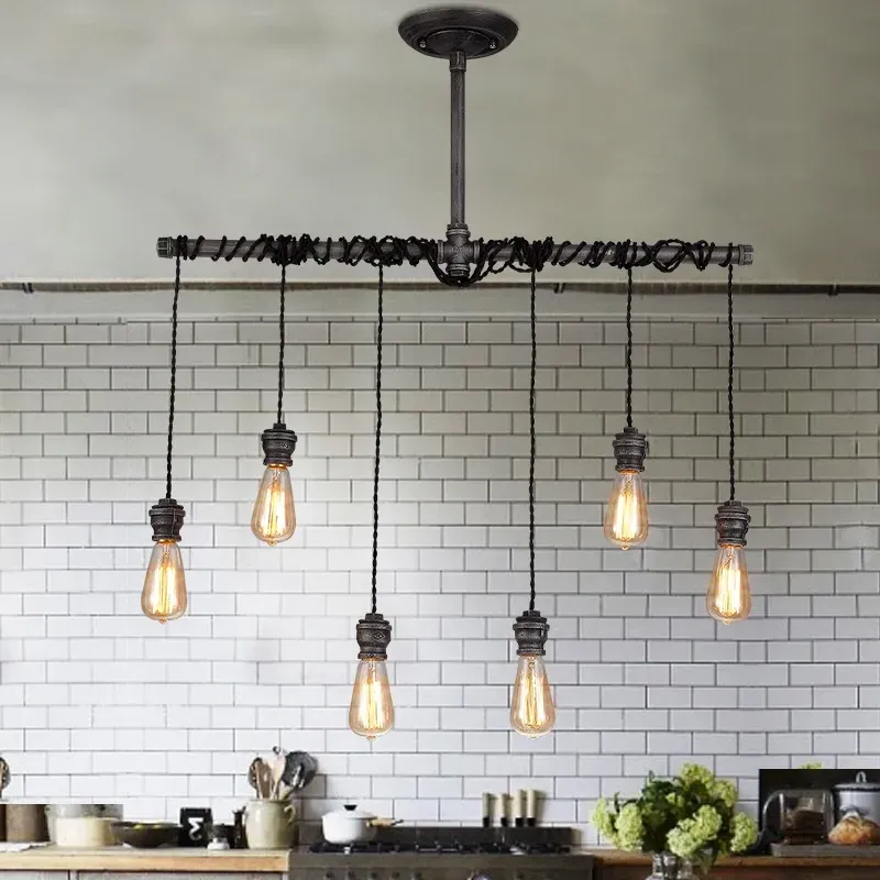 6-Light Plumbing Pipe Hanging Pendant Light - Brushed Black, Metal product