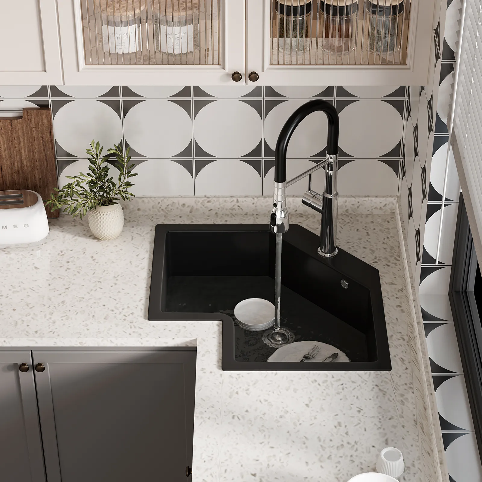 640mm Drop-In Corner Kitchen Sink Single Bowl - Black, Quartz product