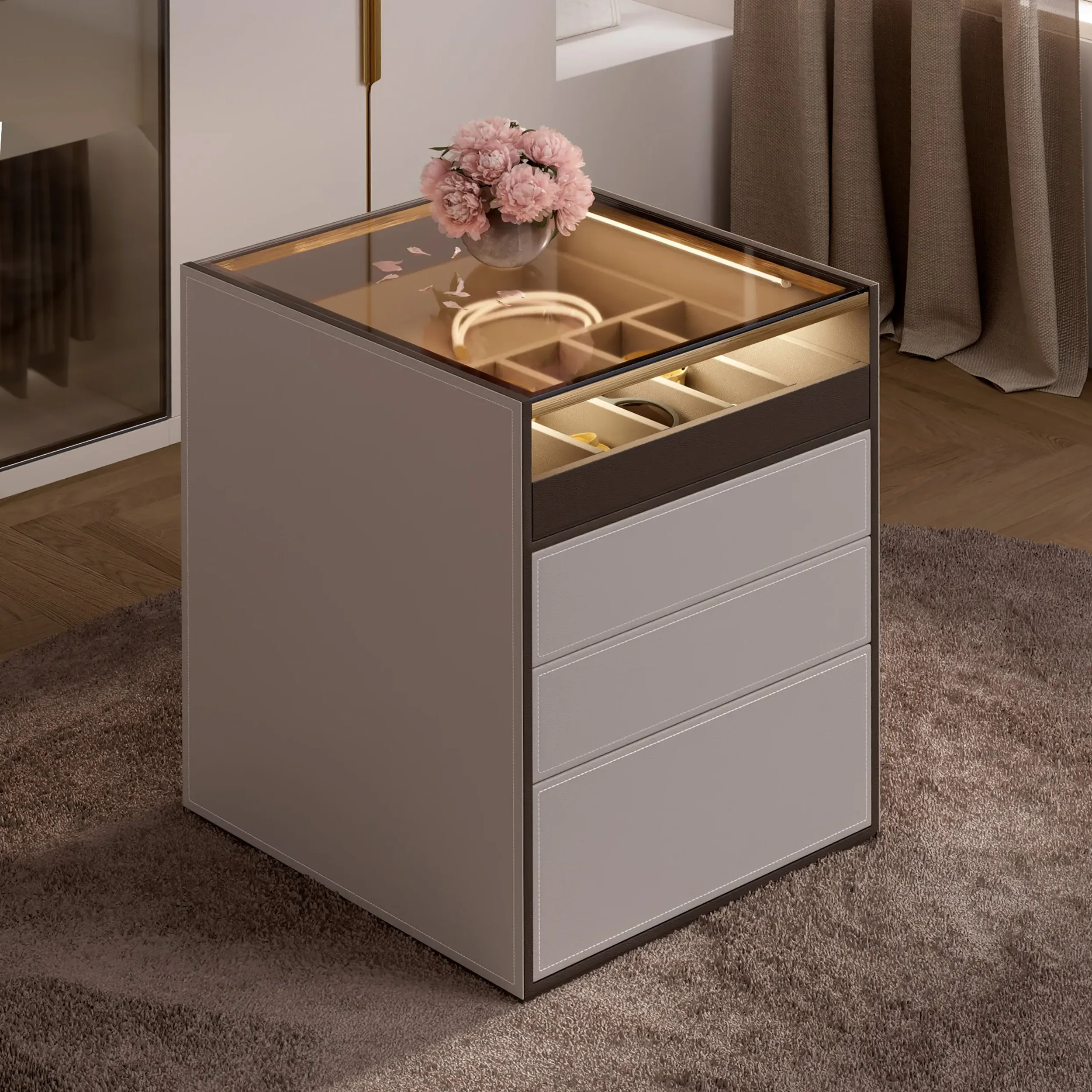 7-Drawer Walk-In Wardrobe Island with LED & Glass Display - White, Leather product