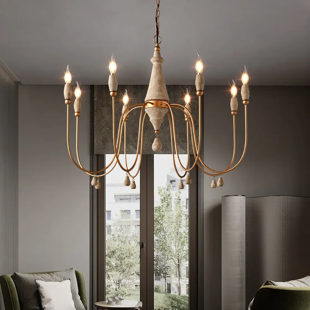 8-Light Candle-Style Chandelier Pendant Light - Gold, Wood product