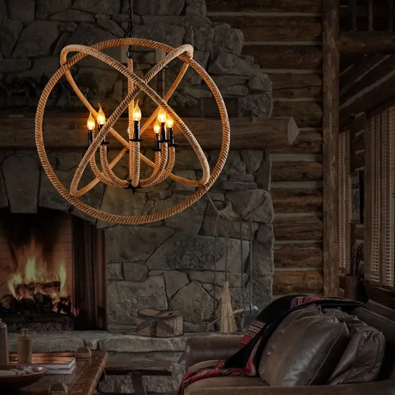 8-Light Round Globe Chandelier - Black, Metal & Hemp Rope product