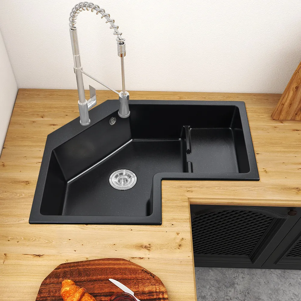 800mm Corner Drop-In Single Bowl Kitchen Sink - Black, Quartz product