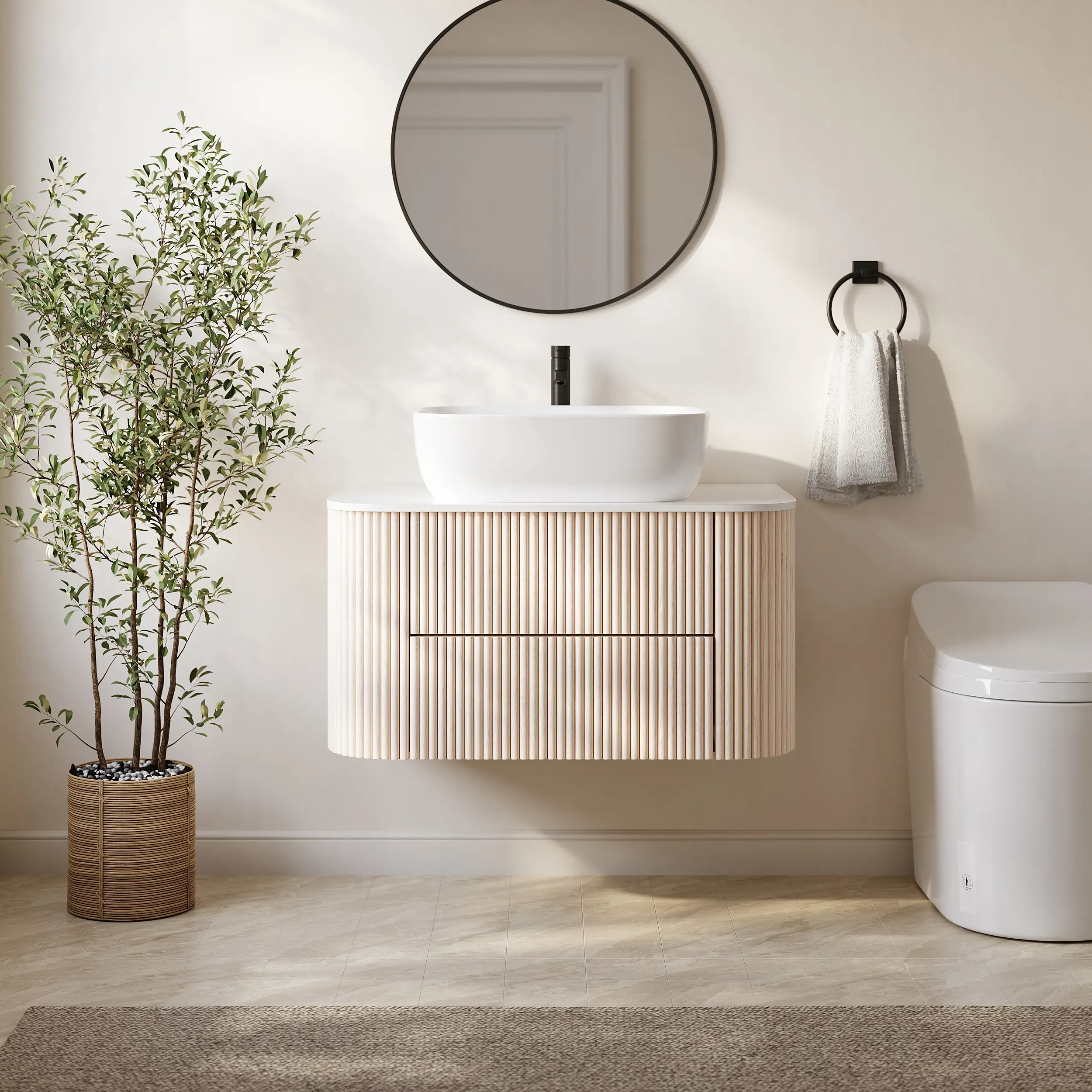 800mm Fluted Wall-Mounted Bathroom Vanity with Vessel Sink - Whitewash product