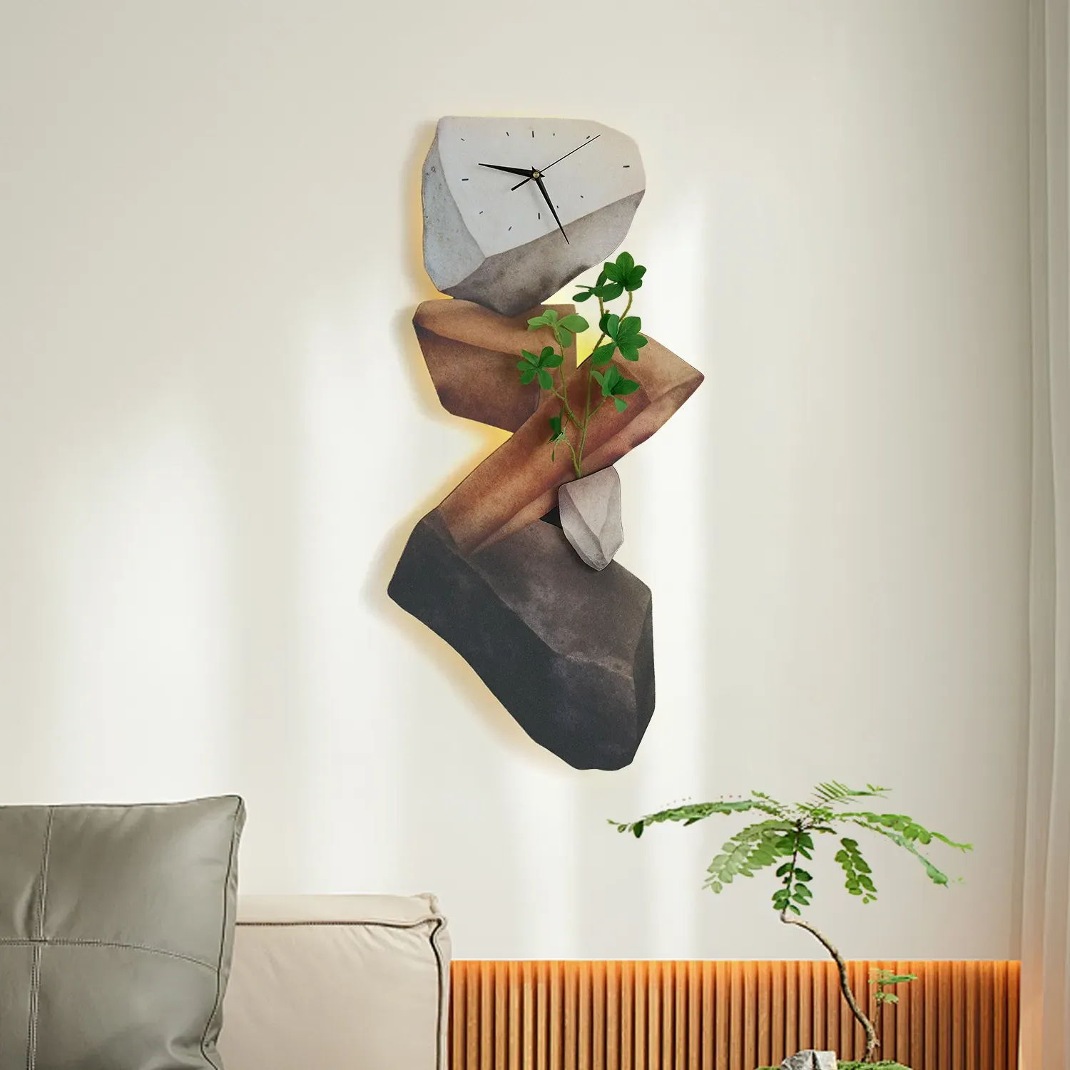 800mm LED Rock Wall Clock Dimmable with Remote - Brown product