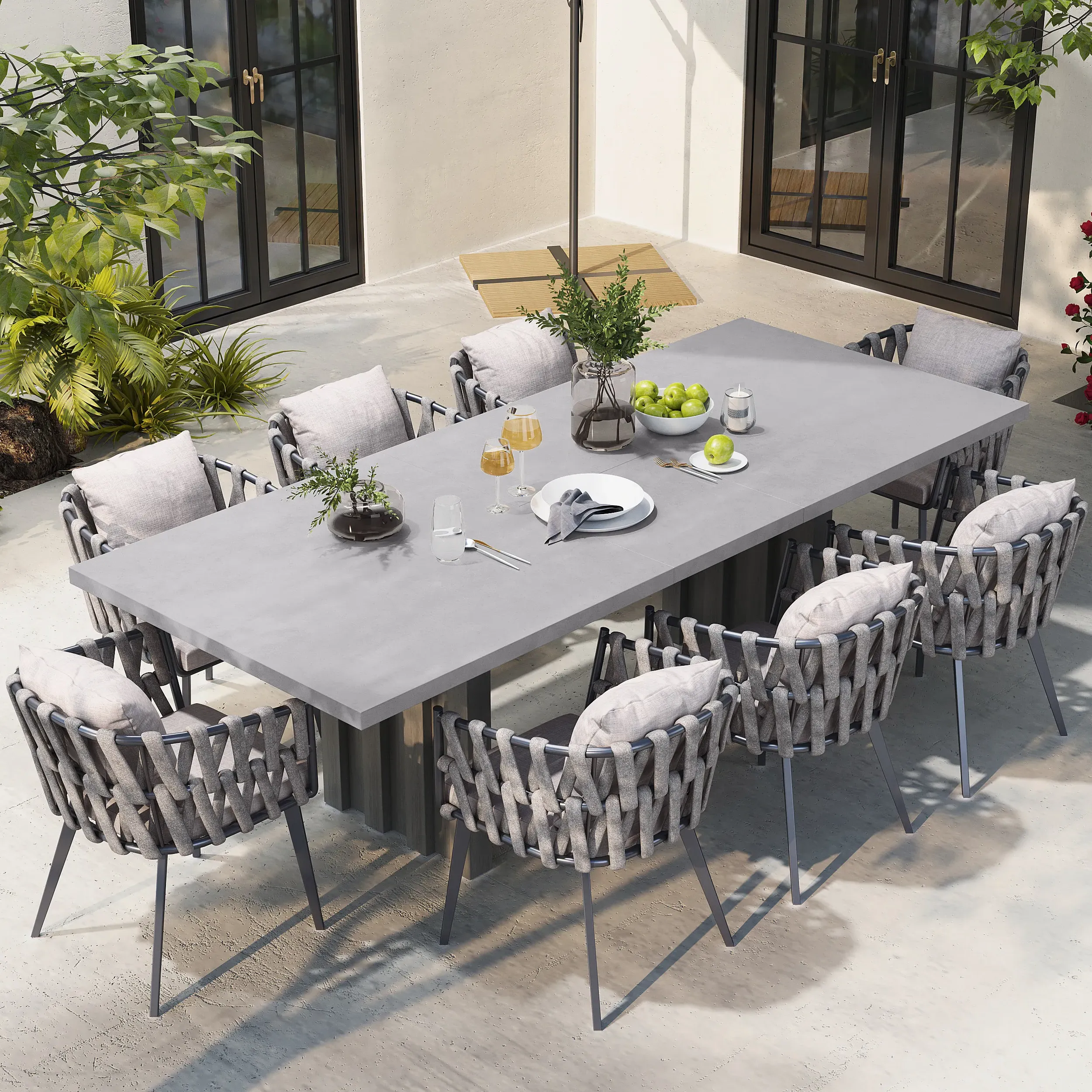 9-Piece Outdoor Dining Set Extendable Table & Woven Armchairs - Grey, Aluminium product