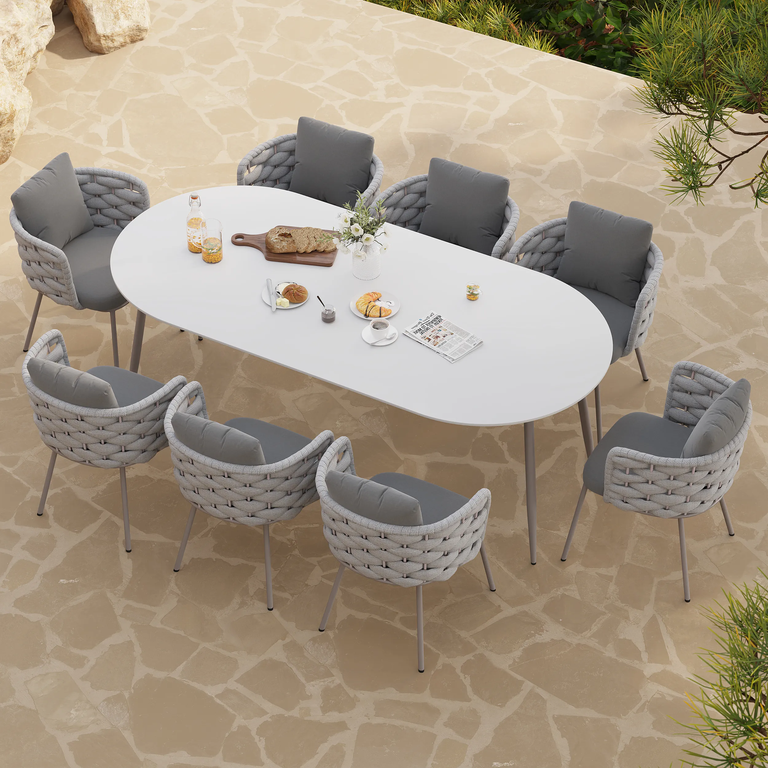 9-Piece Outdoor Sintered Stone Dining Set with 8 Rope Woven Armchairs - Grey, Aluminium product