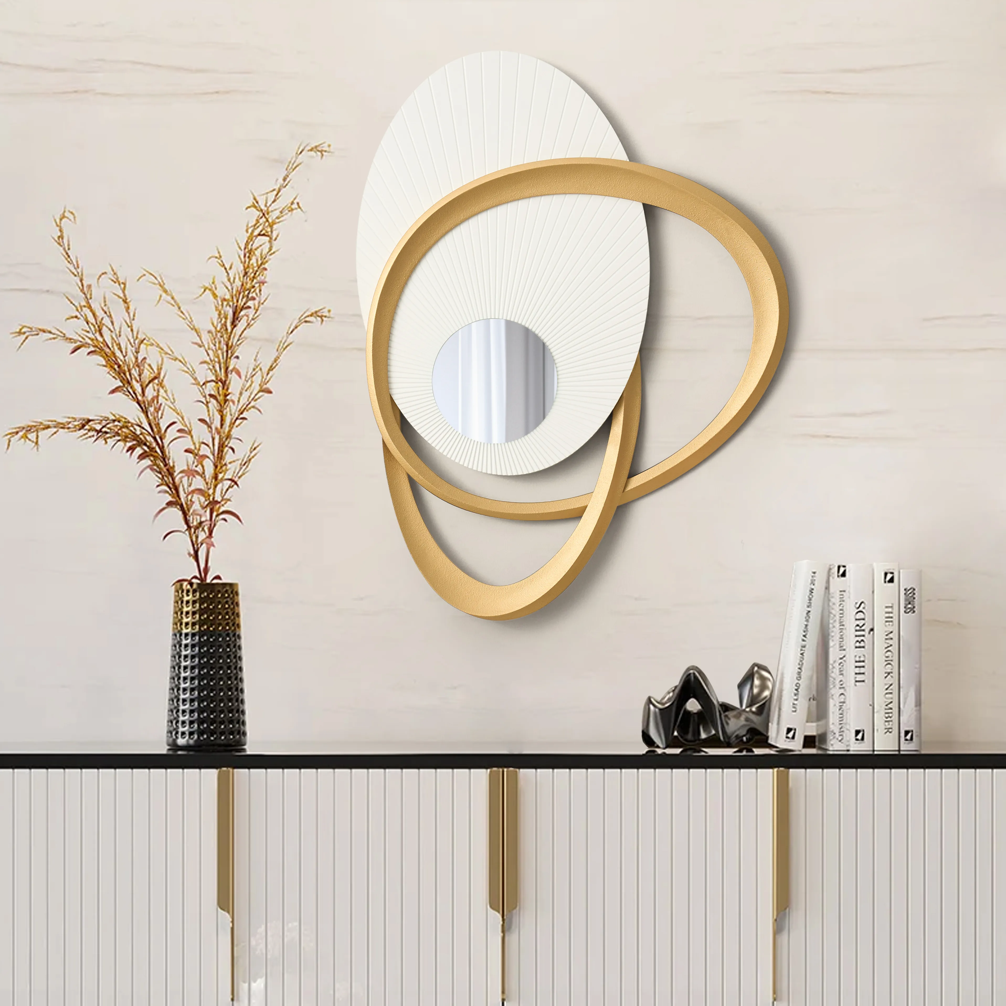 900mm Art Deco Wall Hanging with Mirror - White, Gold product