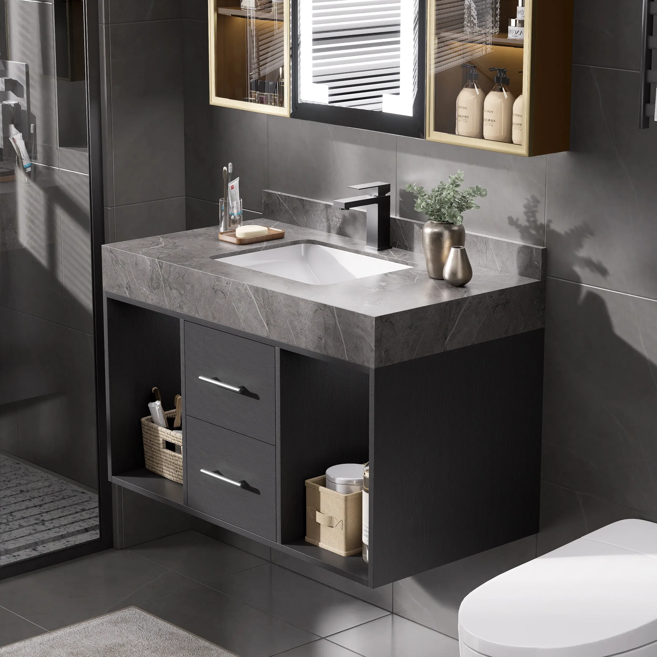 900mm Floating Bathroom Vanity with 2 Drawers - Black, Sintered Stone product