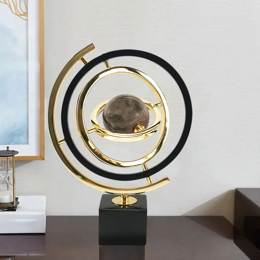 Abstract Globe Sculpture with Rectangle Stand - Black, Gold, Metal product