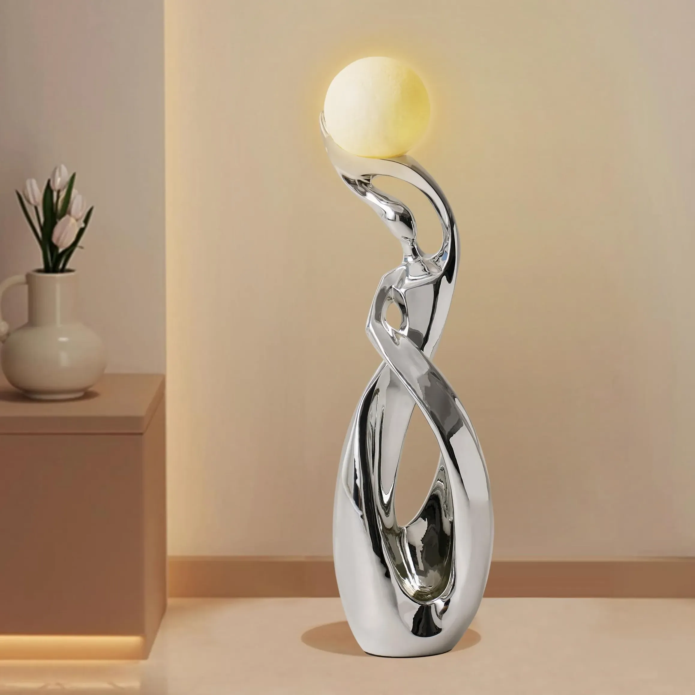Abstract Sculpture with Illuminated Sphere - Silver, Resin product
