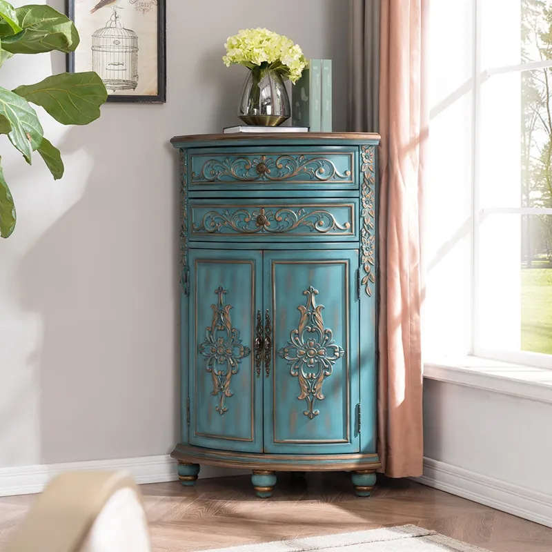 Adame Corner Cabinet with 2 Doors & 2 Drawers - Blue, Solid Wood product