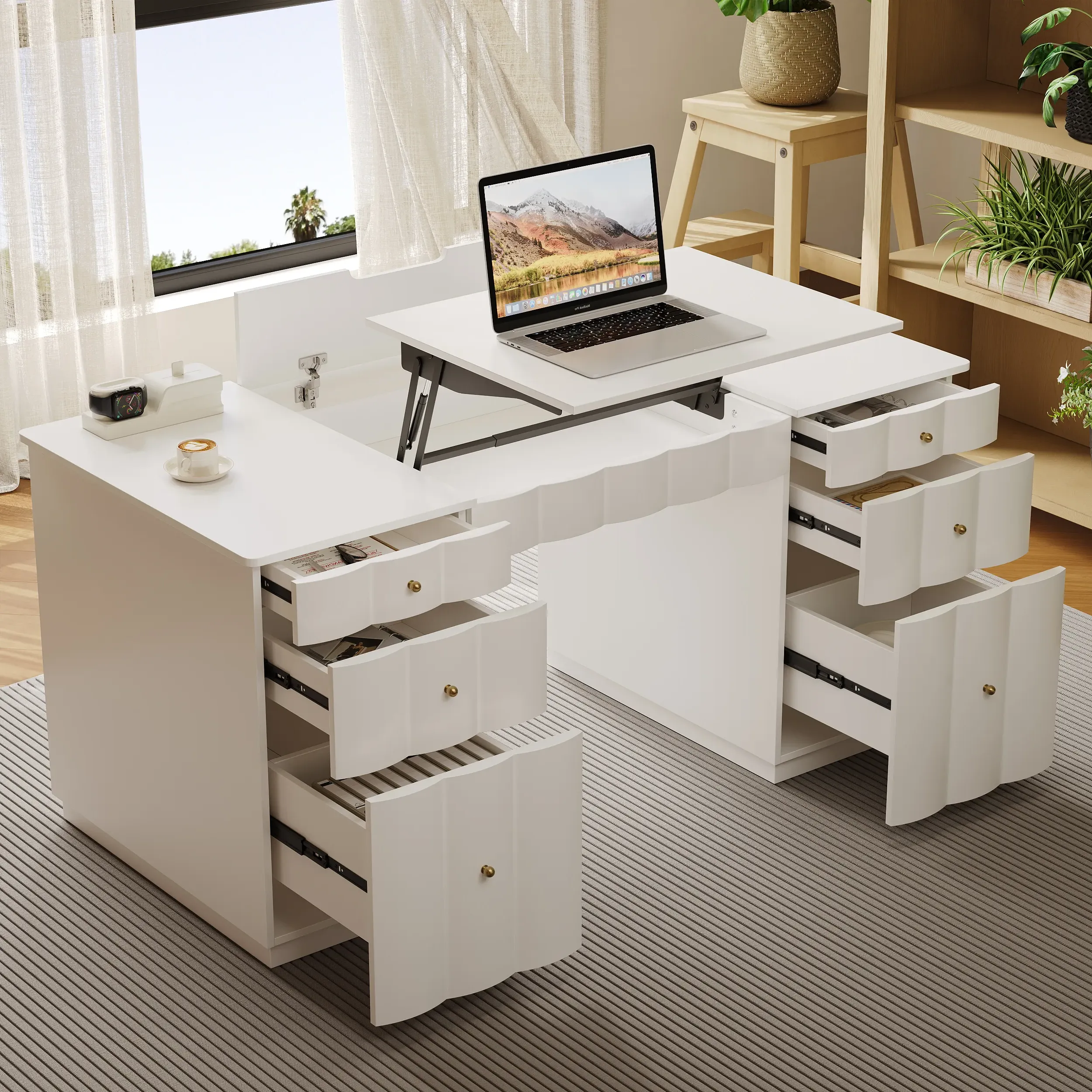 Adjustable Height Desk with 6 Drawers & Wireless Charging - White product