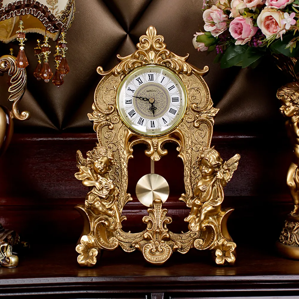 Angel Carved Pendulum Table Clock - Gold, Resin product