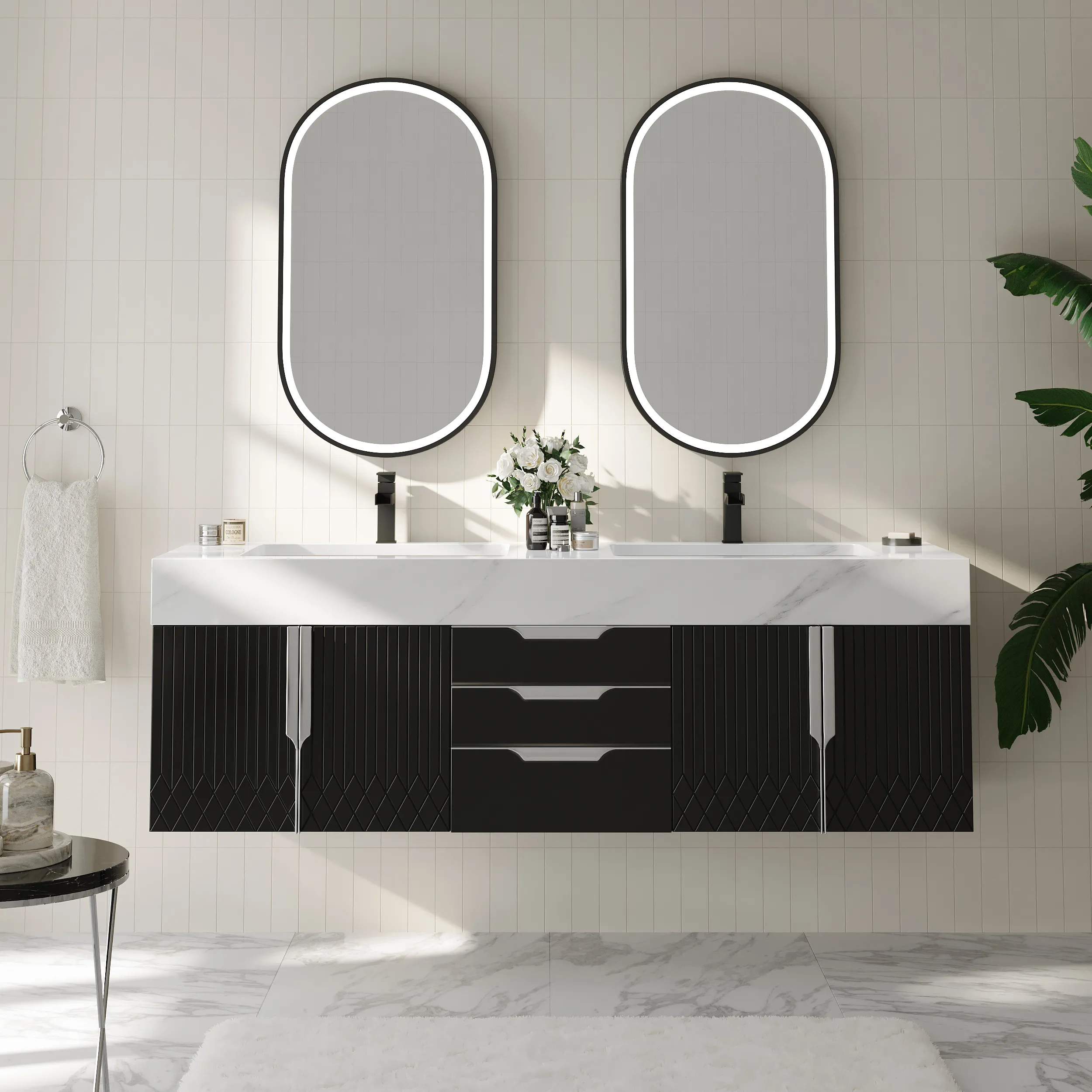 Aro 150cm Double Basin Wall Mounted Vanity Unit with Drawers - Black product