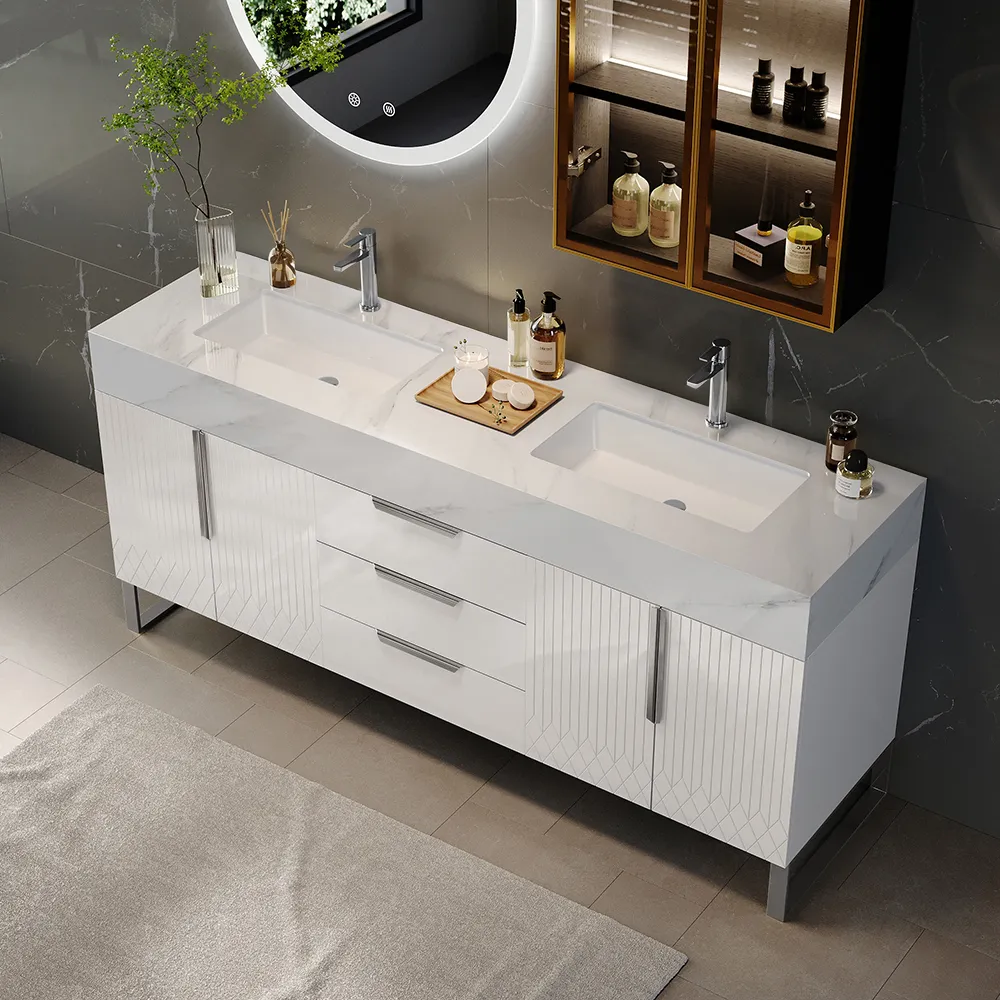 Aro Double Basin Freestanding Vanity Unit with Drawers - White, Faux Marble product