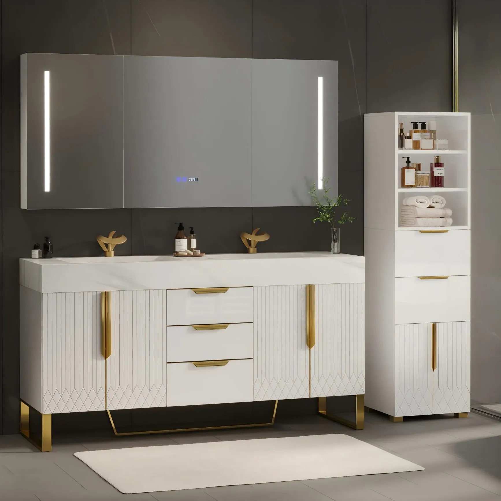 Aro Double Bathroom Vanity & Storage Cabinet Set - Glossy White product