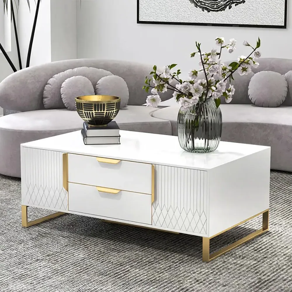 Aro Rectangular Coffee Table with Drawers & Doors - White, Gold product