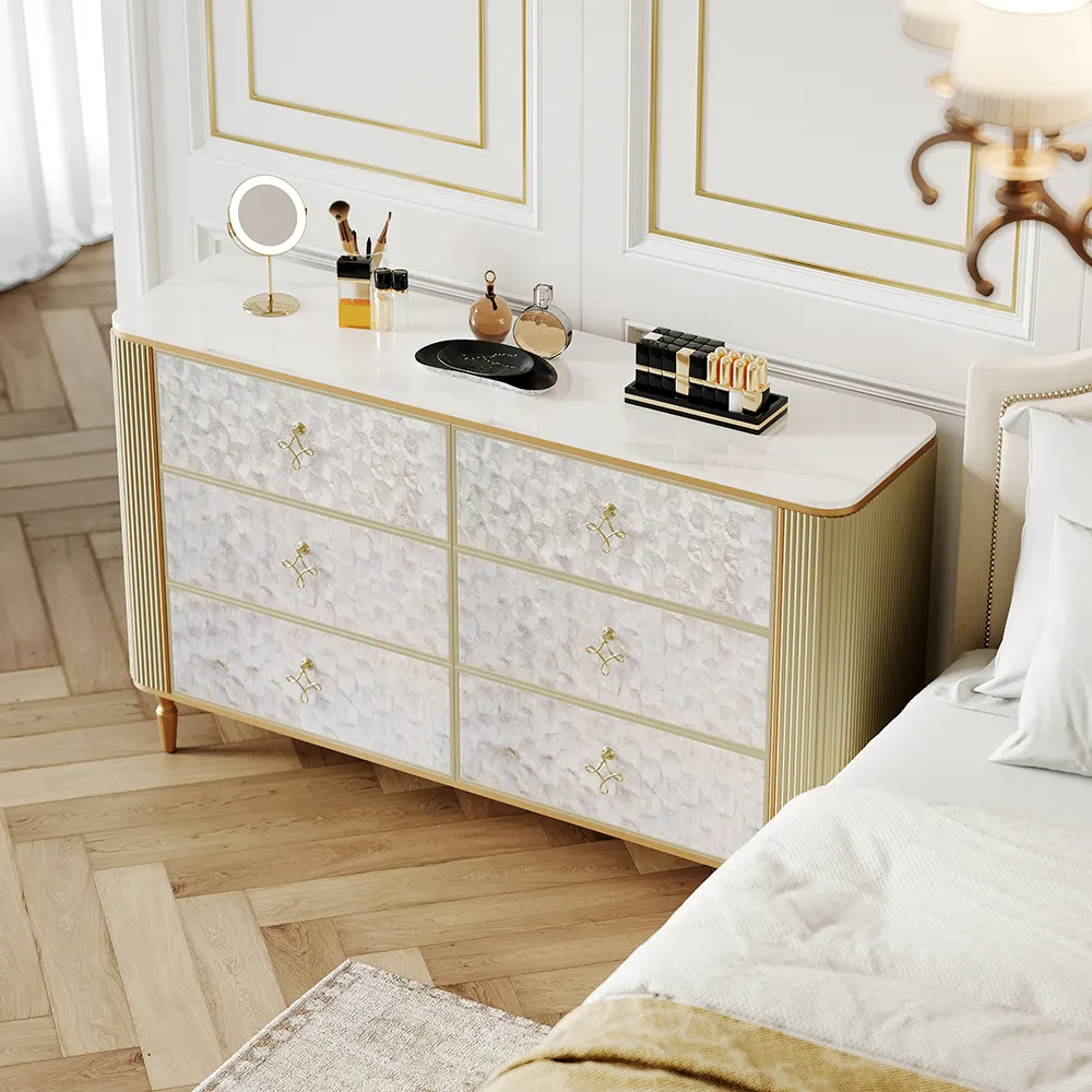 Art Deco 6 Drawer Dresser with Sintered Stone Top - Champagne product