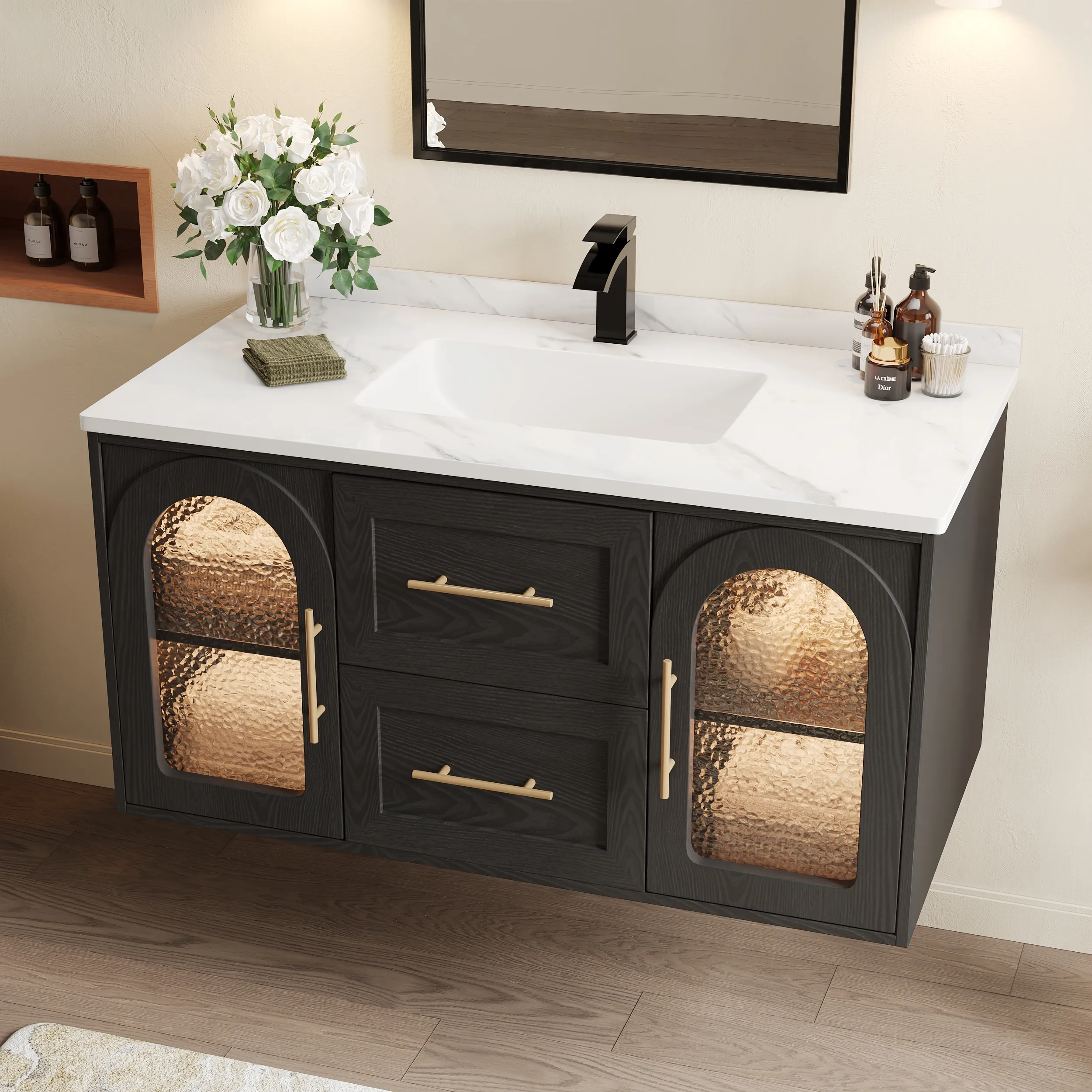 Arune 1070mm Bathroom Vanity with Arched Glass Doors - Black product