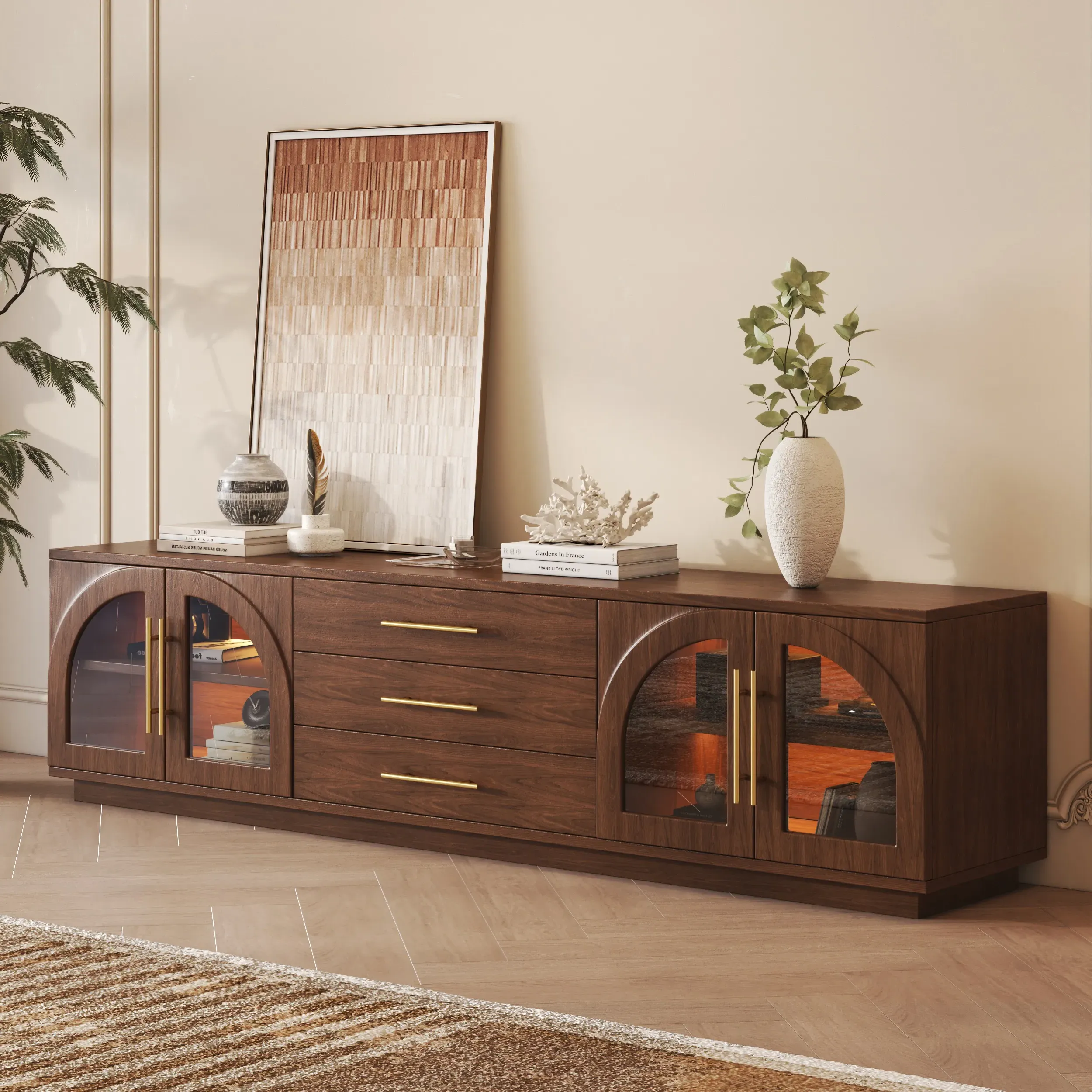 Arune 203cm TV Stand with LED Lights & Arched Glass Doors - Walnut product