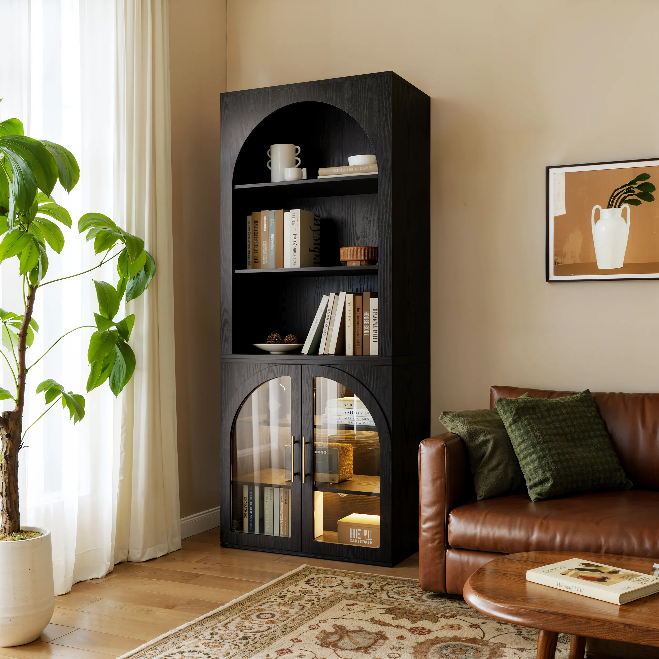 Arune Tall Bookcase with Storage Cabinet & LED Light - Black product