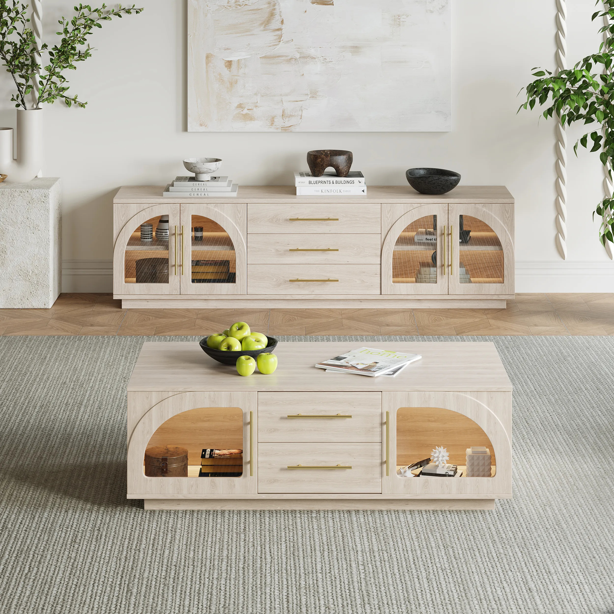 Arune TV Stand & Coffee Table Set with LED Lights - Whitewash product