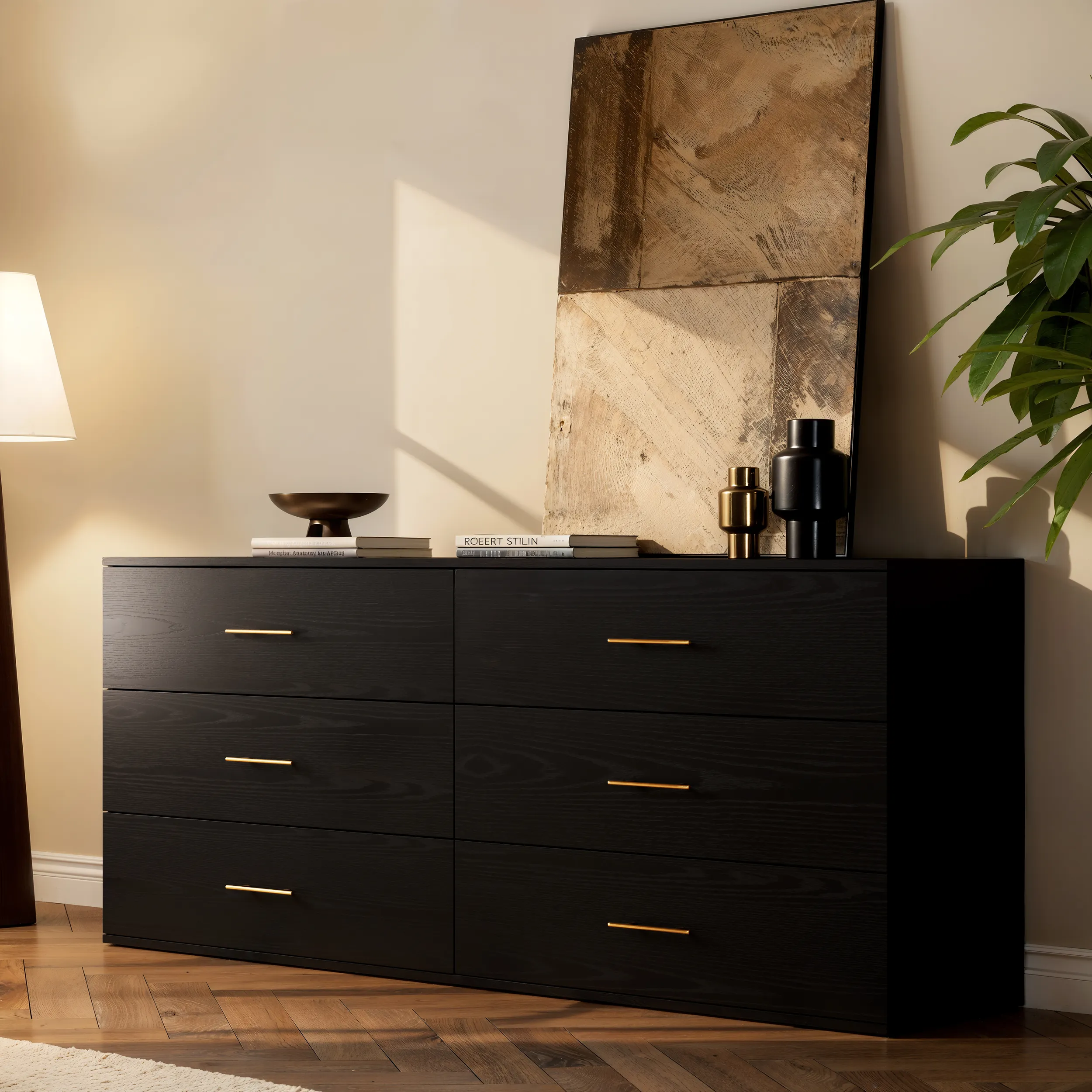 Arune TV Stand with 6-Drawer Storage Chest - Black, Ash Veneer product