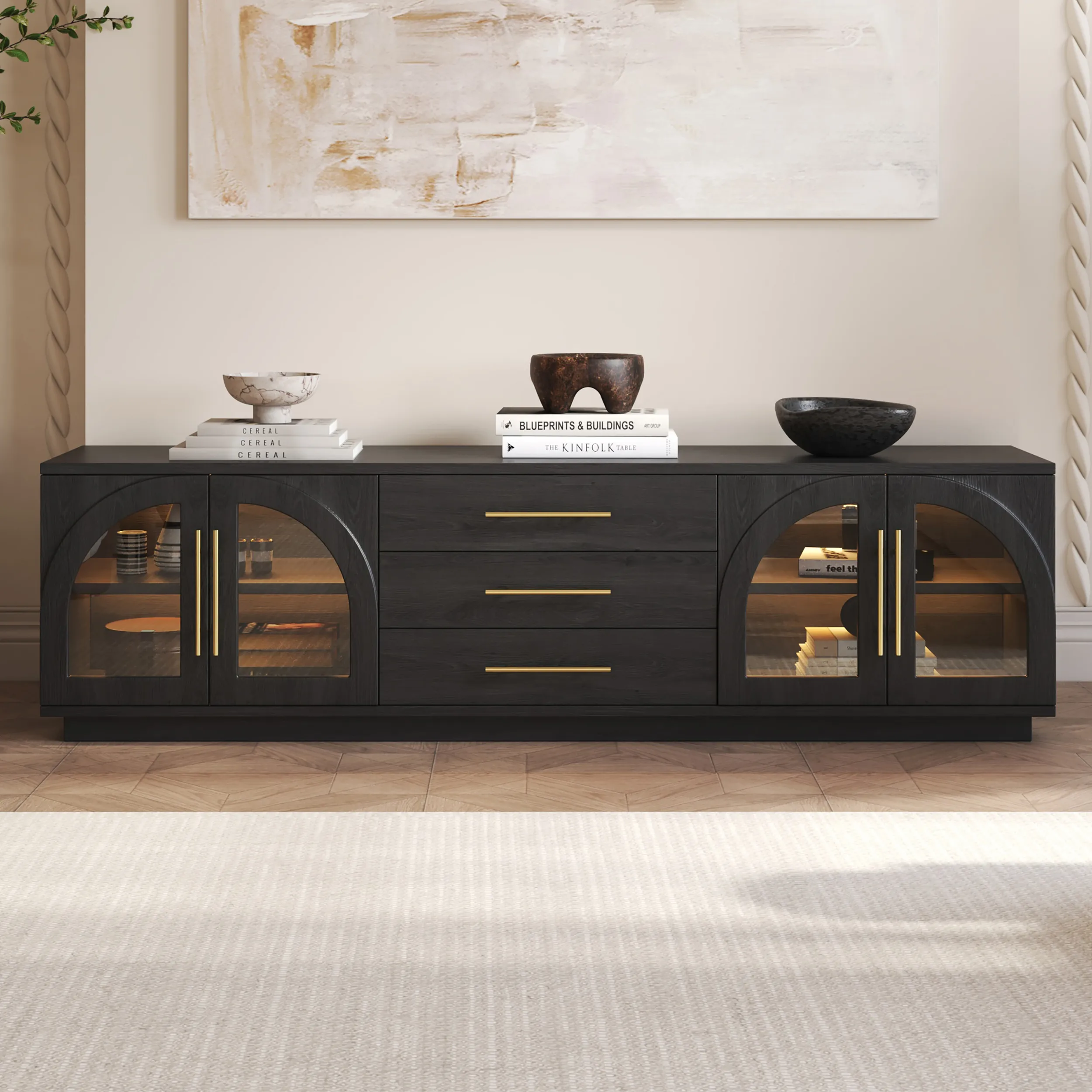 Arune TV Stand with LED Lights & Arched Glass Doors - Black product
