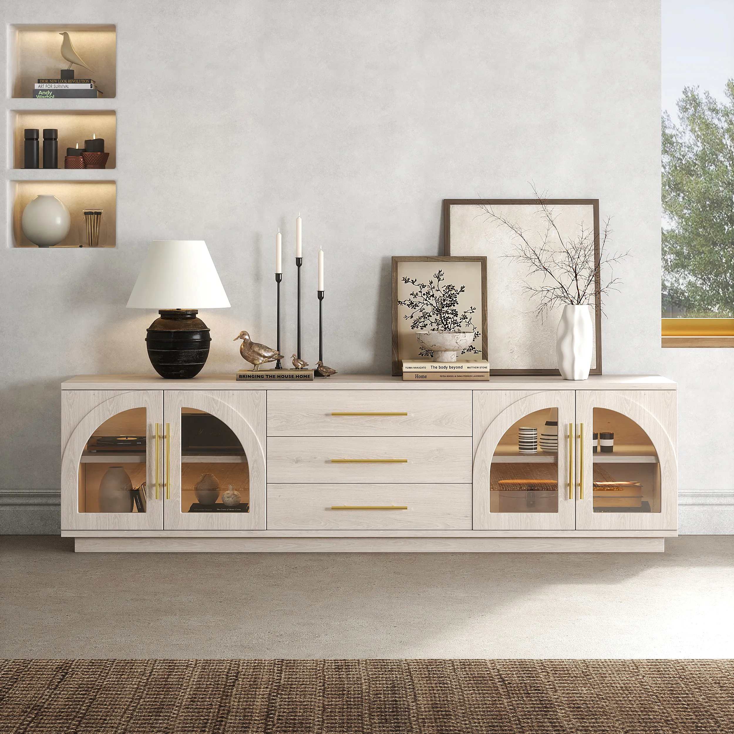 Arune TV Stand with LED Lights & Arched Glass Doors - Whitewash product