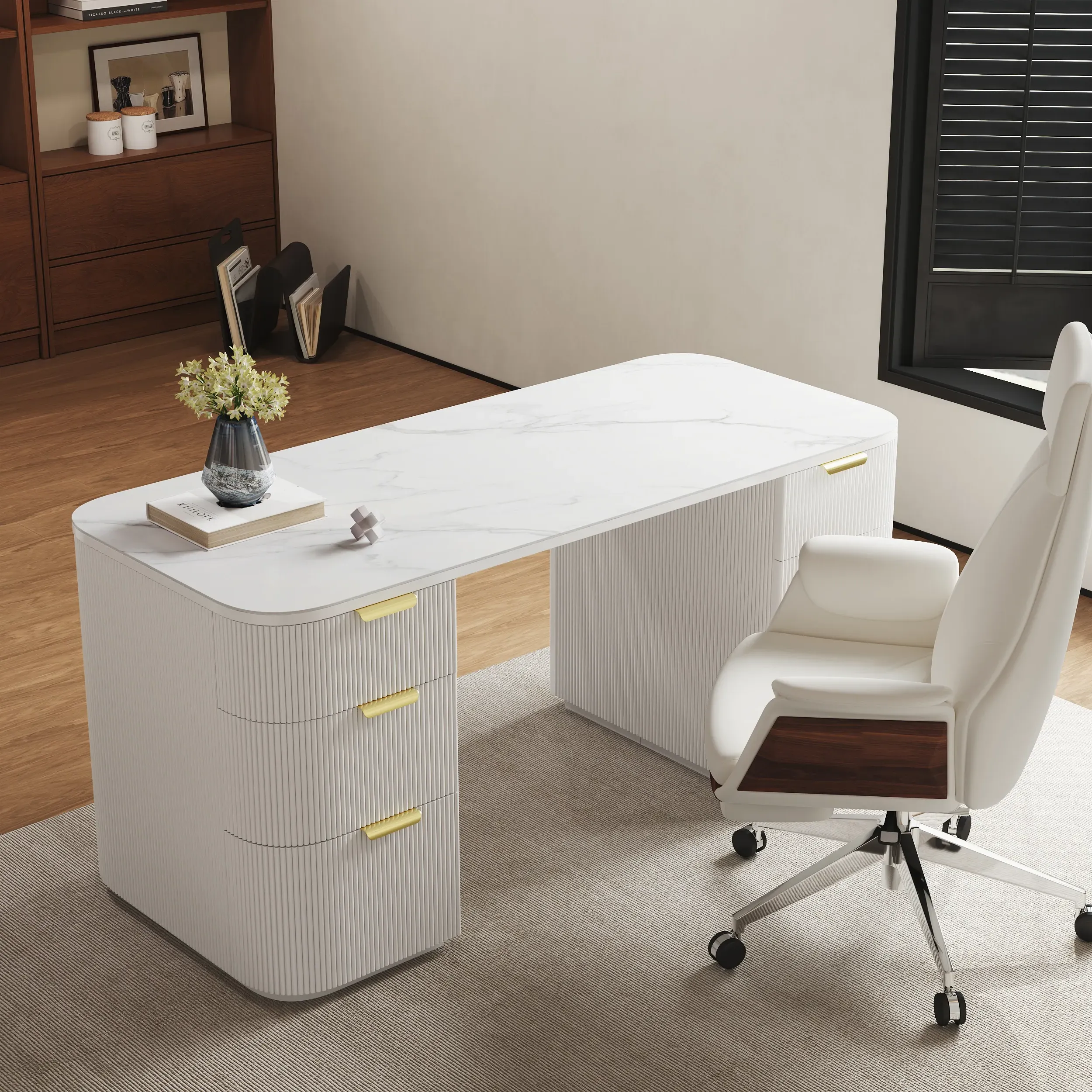 Ash Wood Rectangular Desk & Reclining Office Chair Set - White product