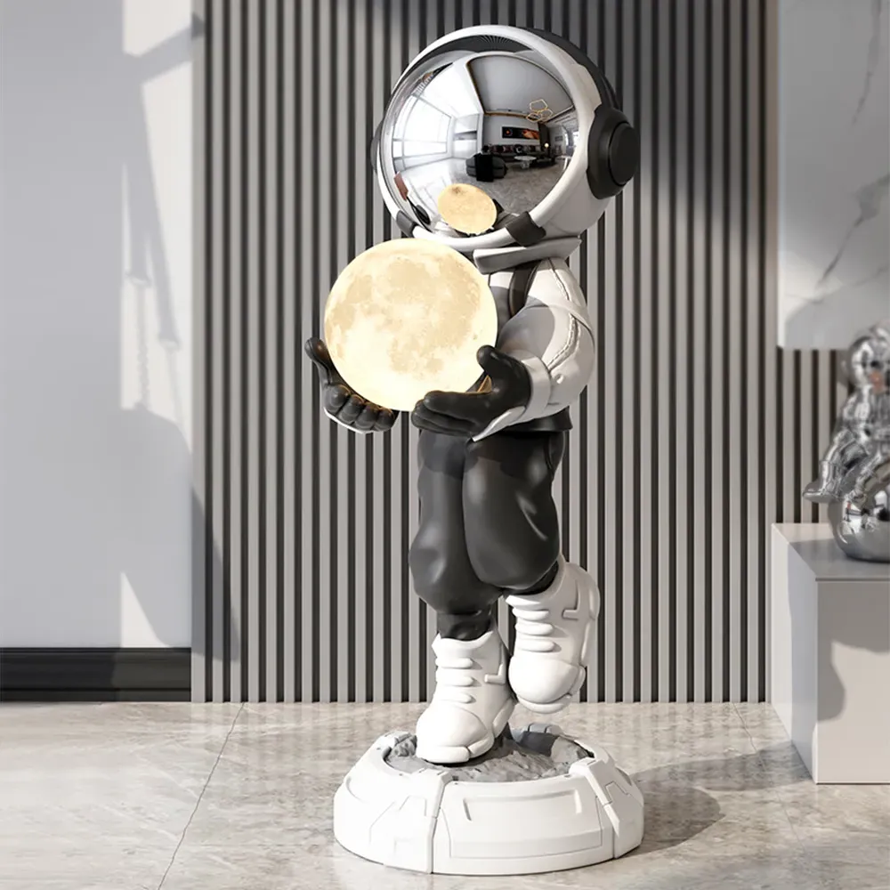 Astronaut Floor Sculpture Figurine with Ball Lamp - Silver, Resin product