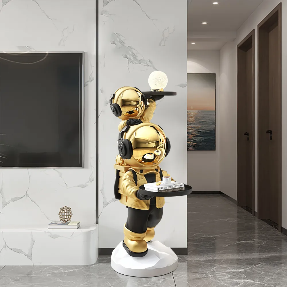Astronaut Sculpture Side Table with Dual Tray Top - Gold, Resin product