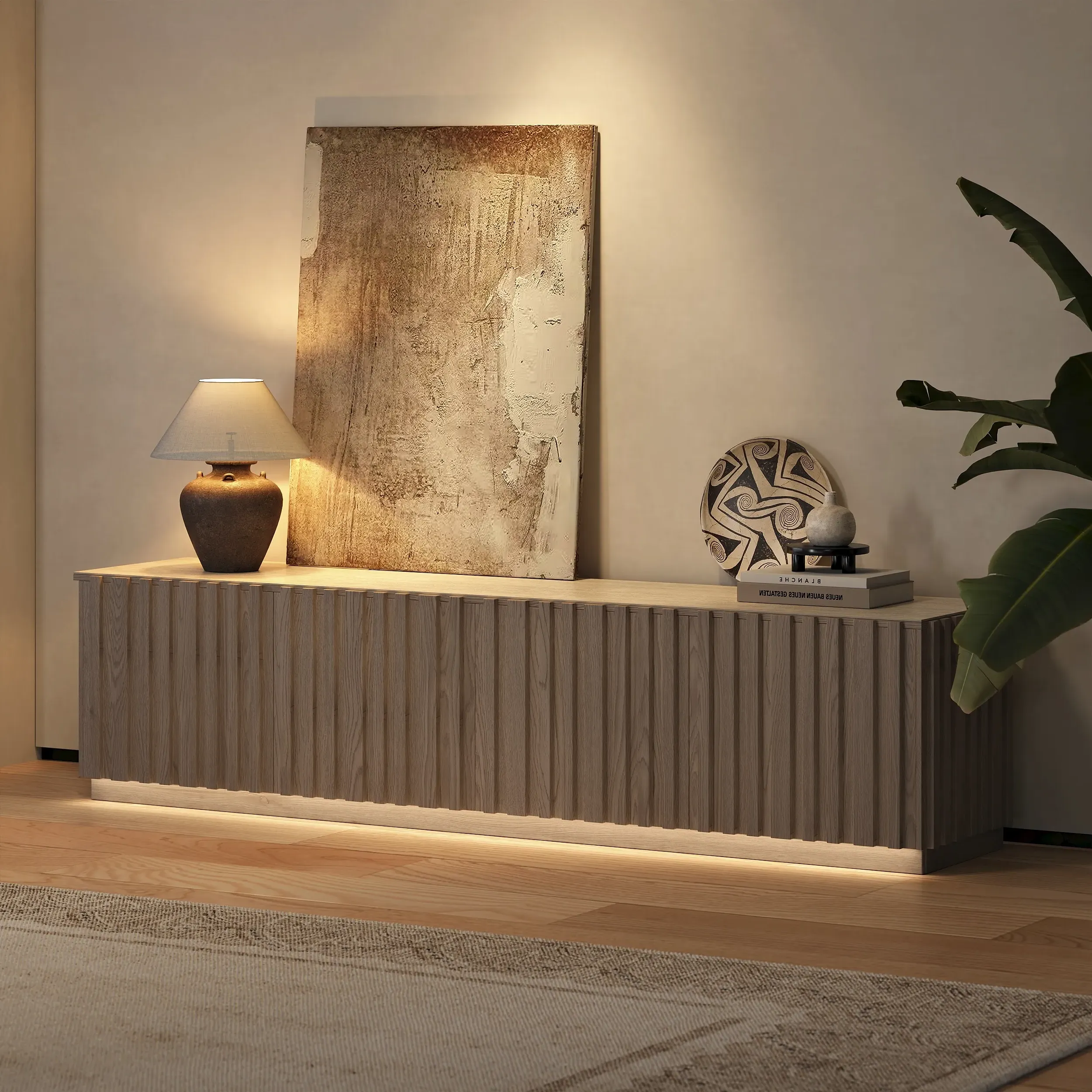Aura 210 cm TV Stand with Ambient Lighting - Whitewash, Ash Wood product
