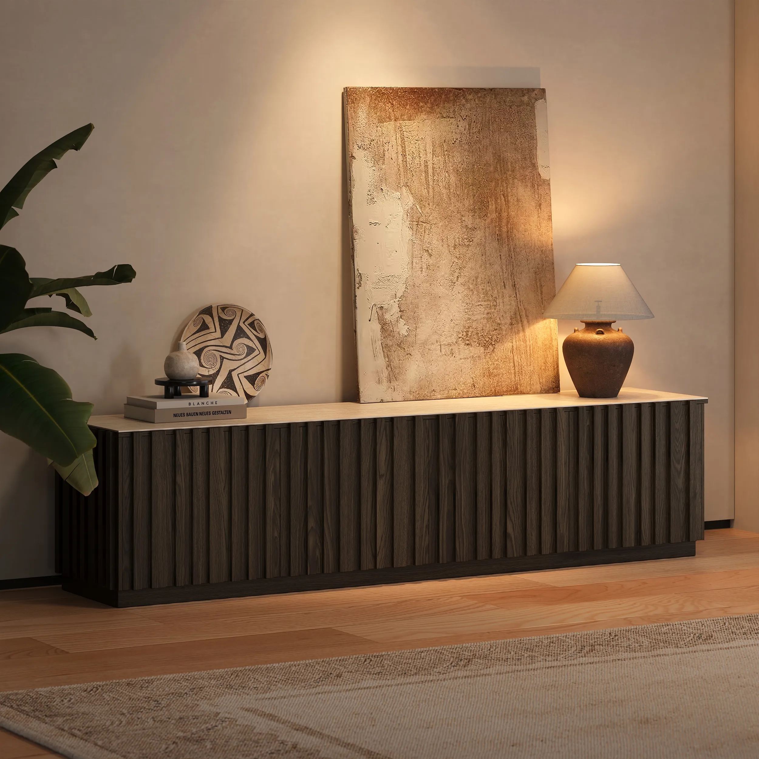 Aura 210 cm TV Stand with Sintered Stone Top - Smoked Brown, Ash Wood product