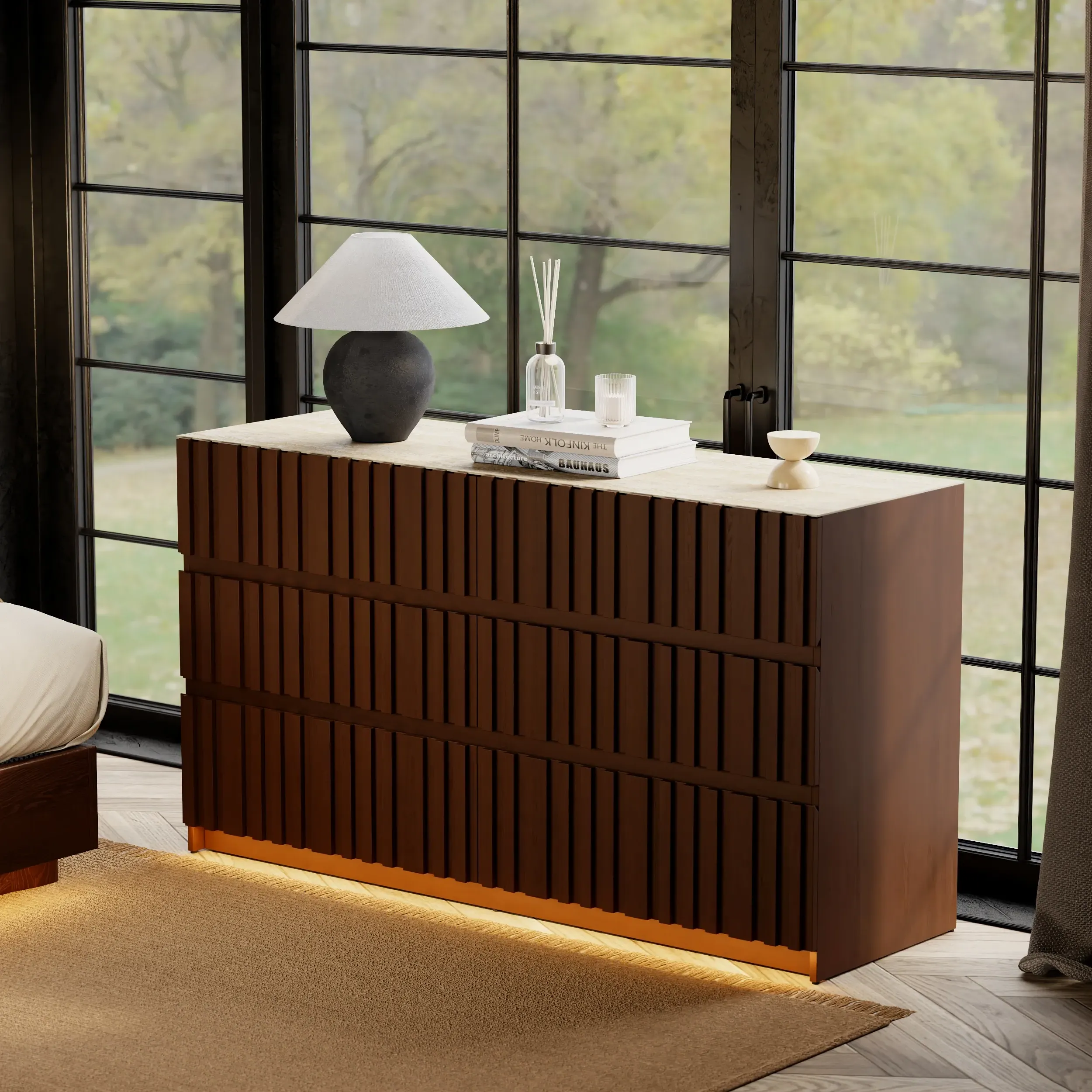 Aura 6-Drawer Dresser with Integrated Lighting - Walnut, Sintered Stone product