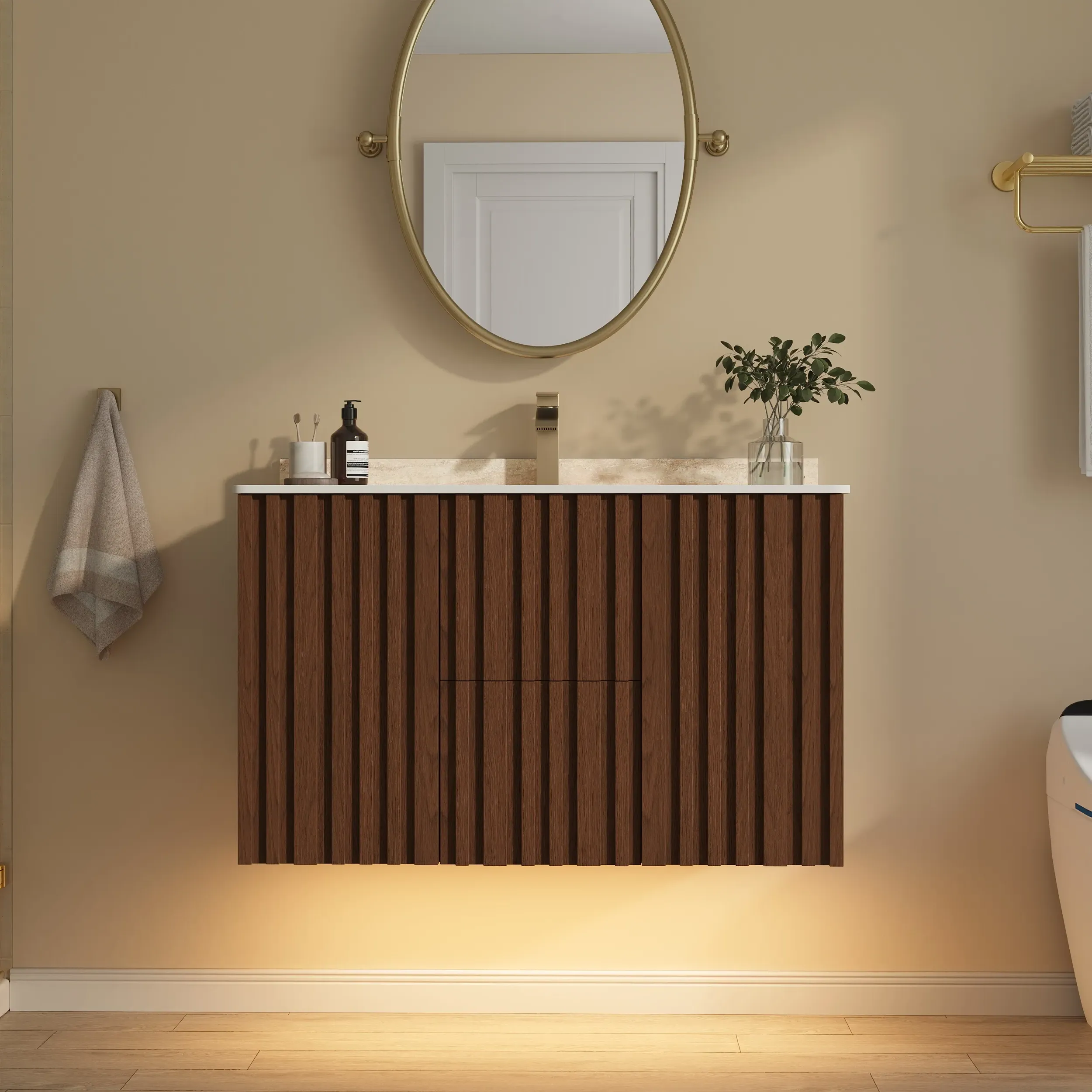 Aura 90 cm Wall-Mounted Bathroom Vanity with Sink & LED - Walnut, Ash Wood product