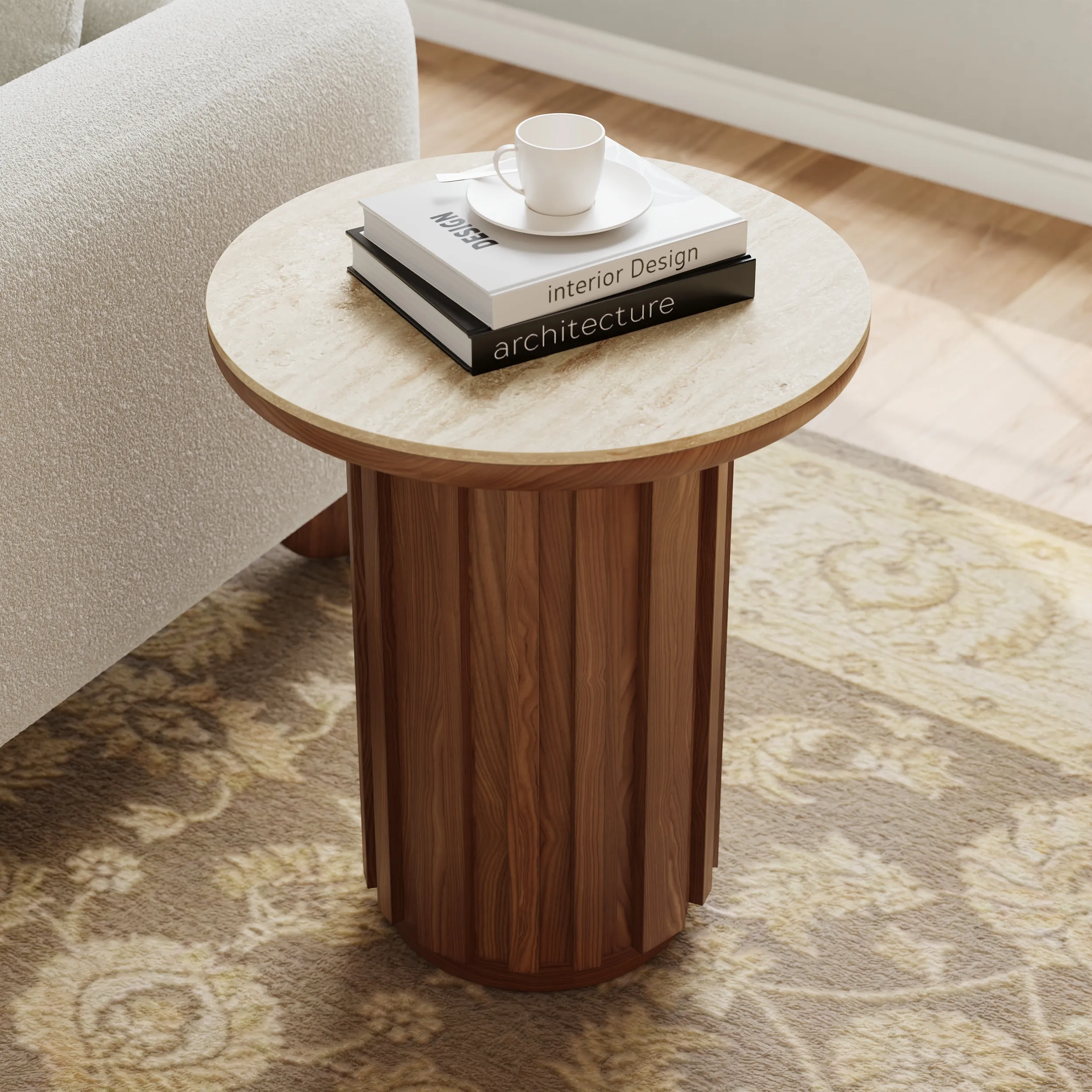 Aura Ash Wood Fluted Round Side Table - Walnut, Sintered Stone product