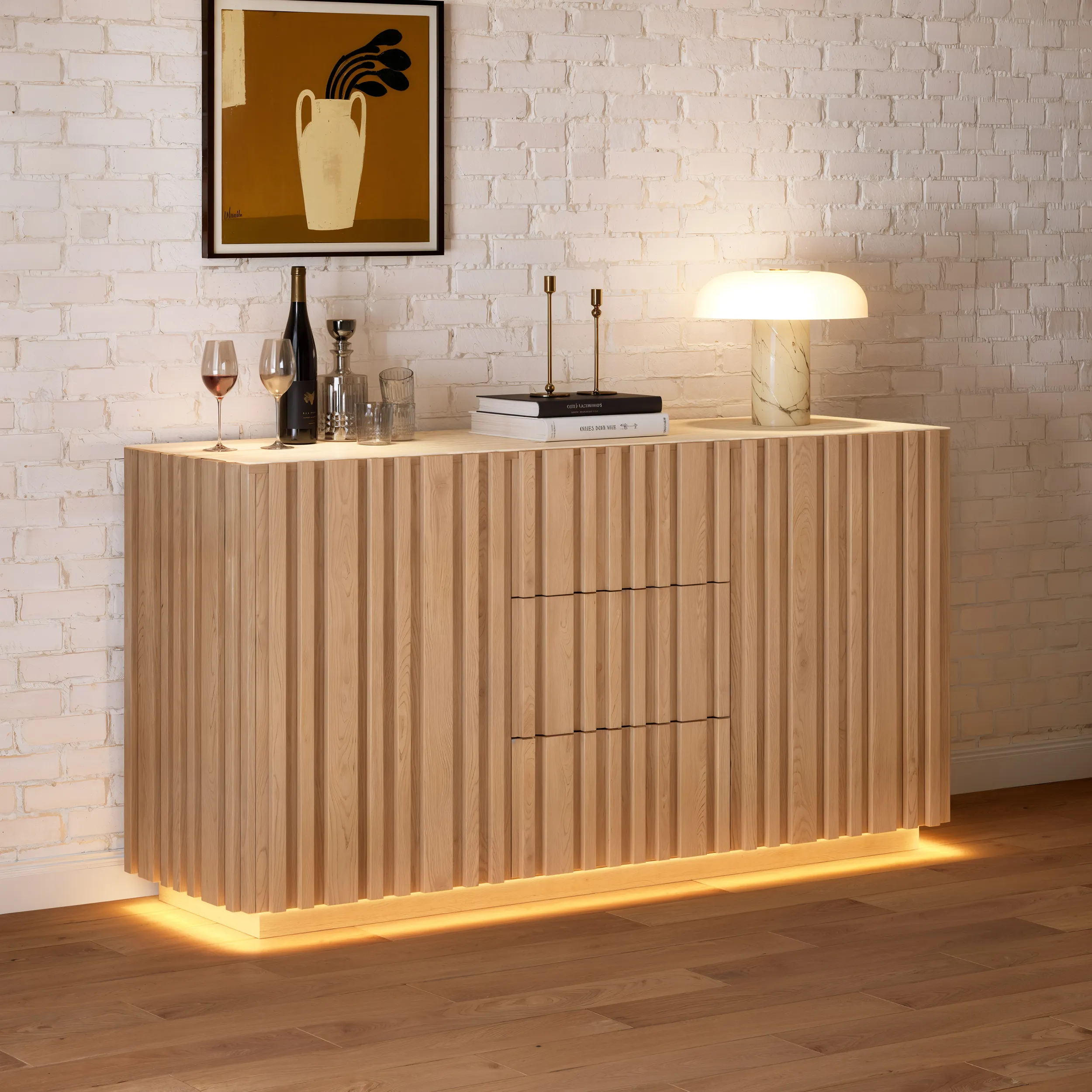 Aura Buffet Sideboard with LED Light - Natural, Ash Wood product