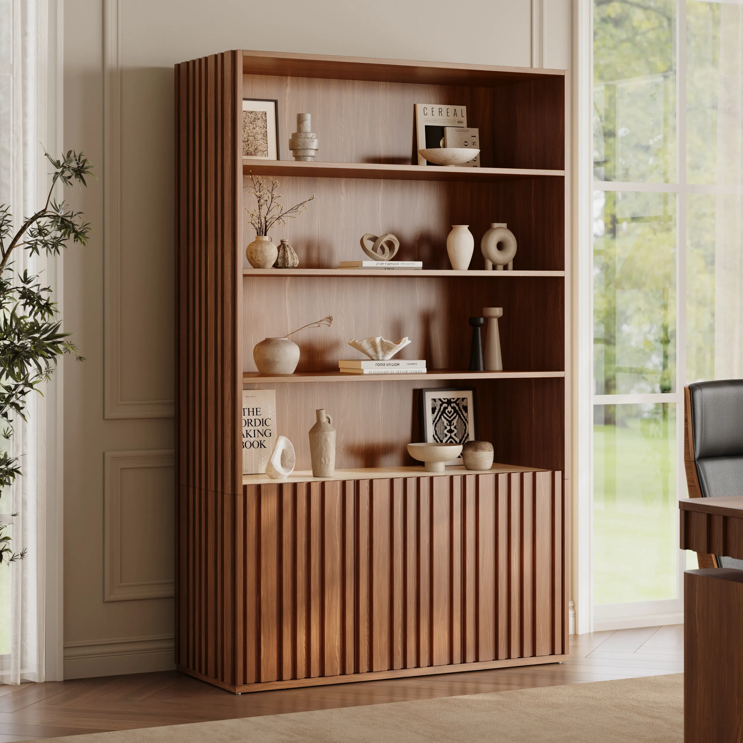 Aura Fluted Bookcase with Sintered Stone Top - Walnut, Ash Wood product