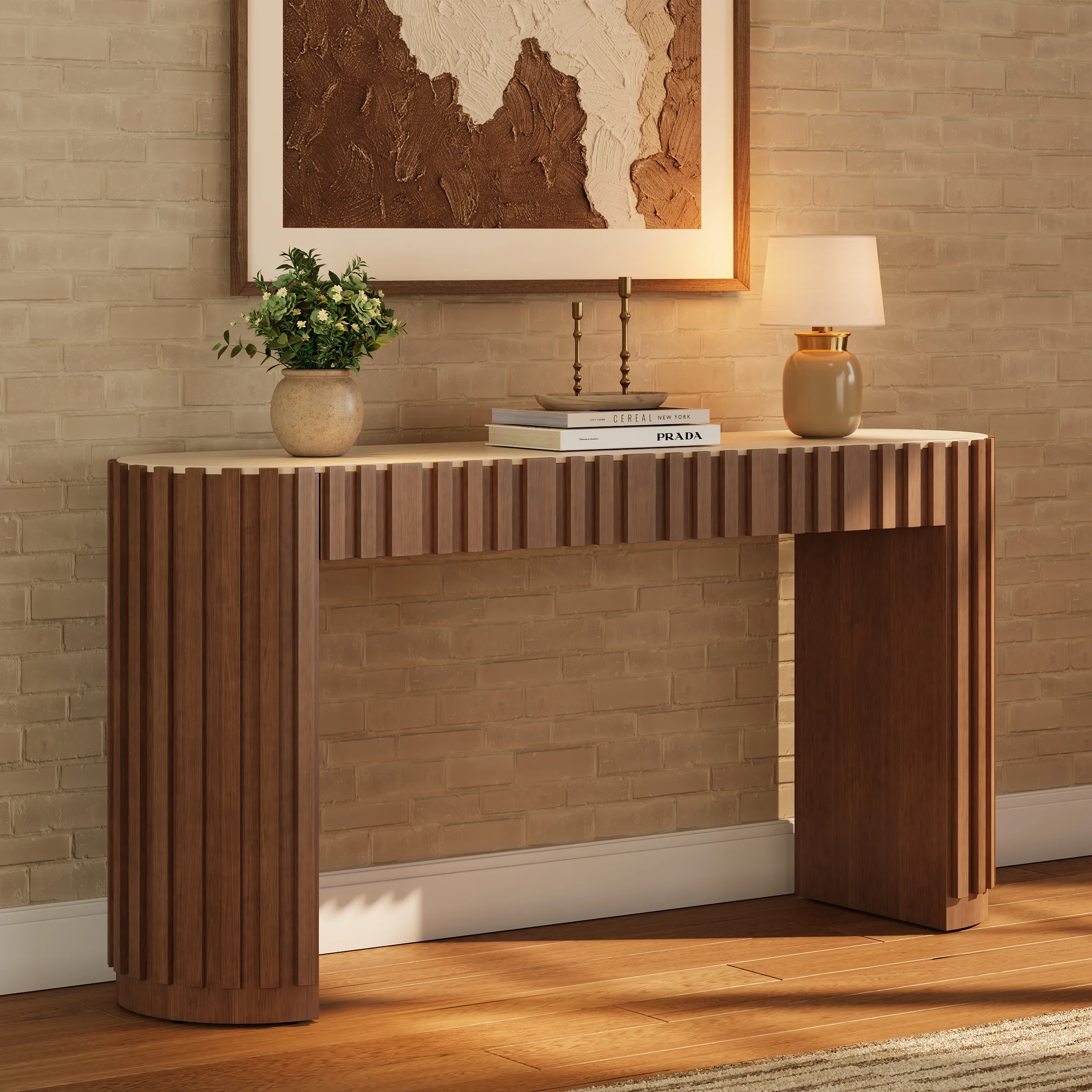 Aura Fluted Console Table with Sintered Stone Top - Walnut, Ash Wood product