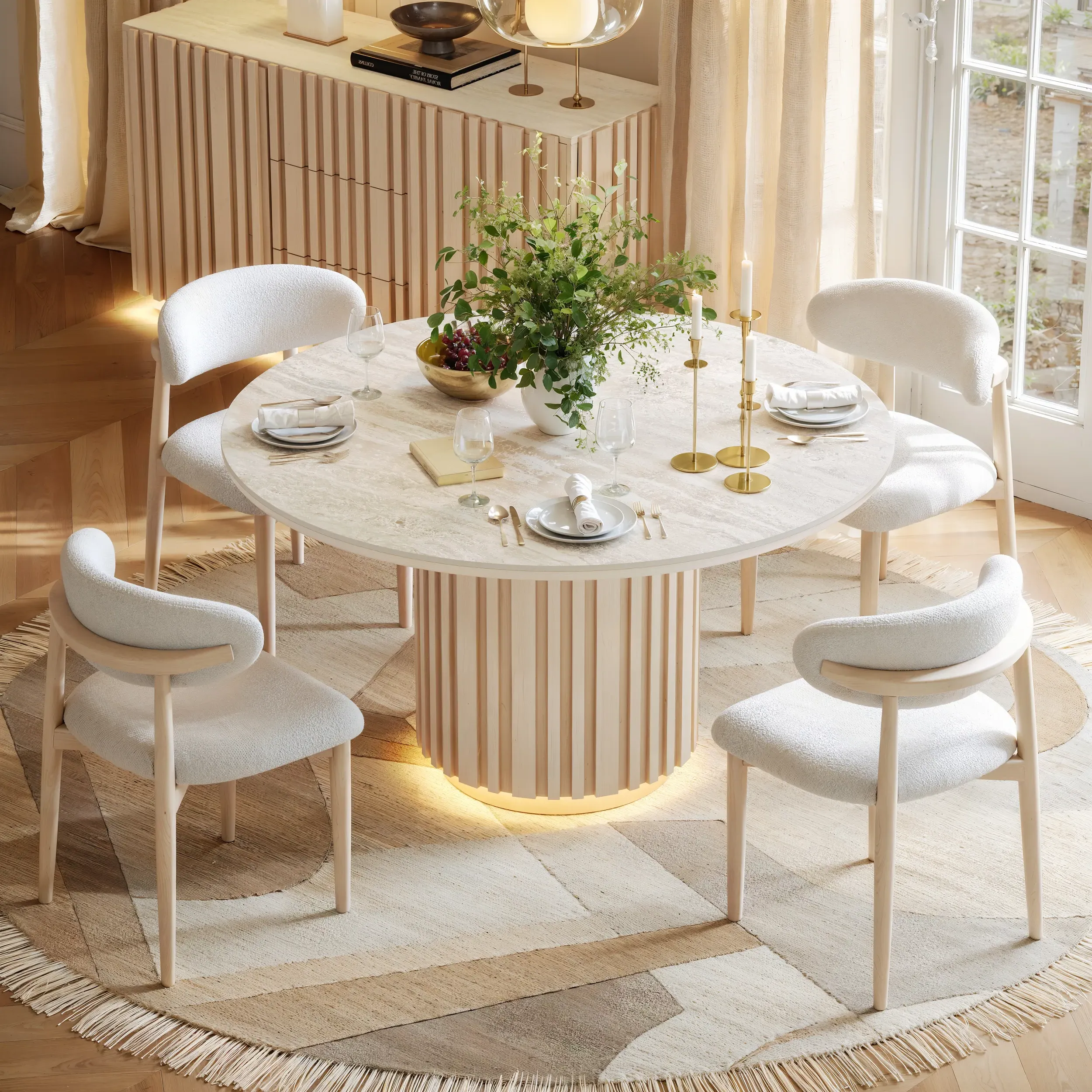 Aura Round Dining Table Fluted Base - Matte Travertine, Sintered Stone product