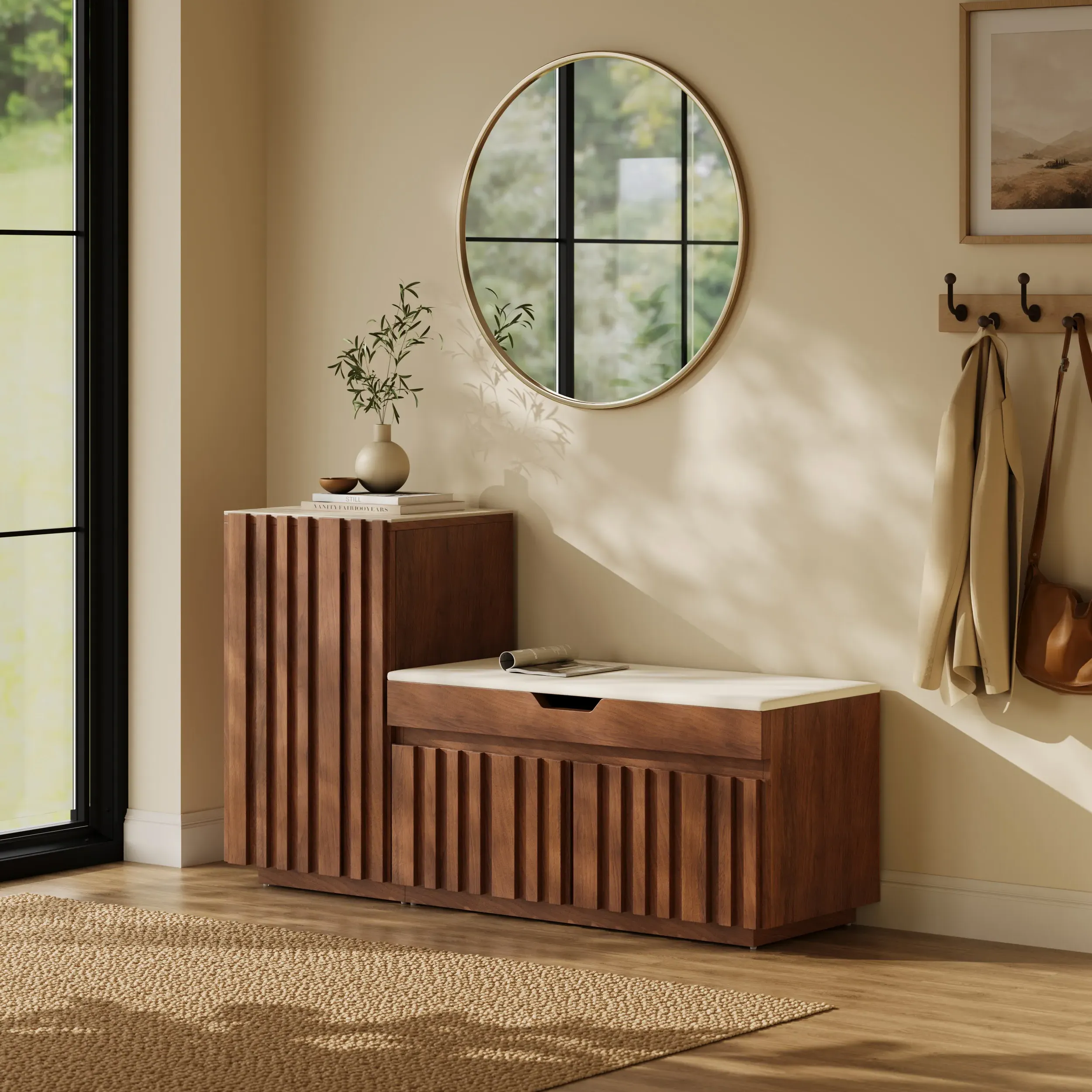 Aura Shoe Storage Bench with Right-Side Cabinet - Walnut product