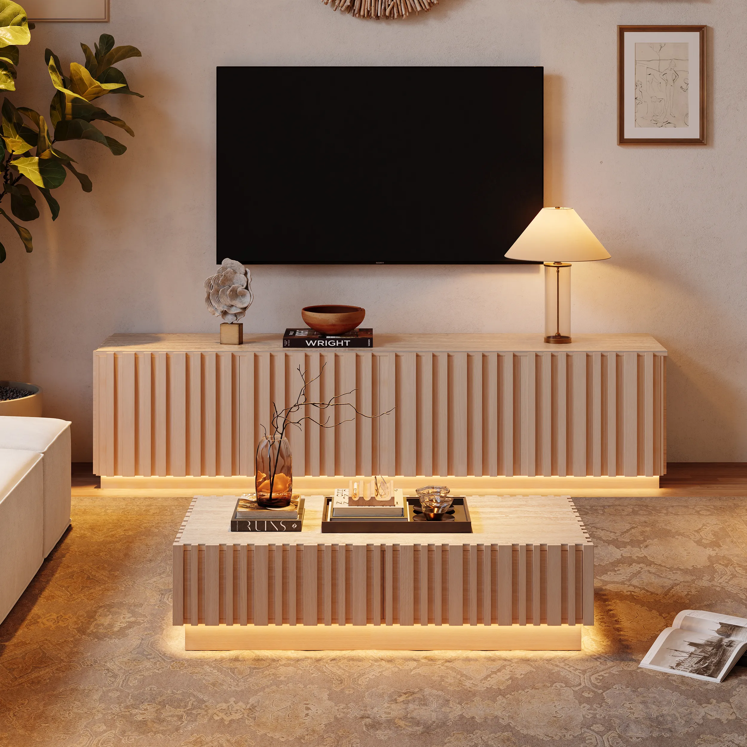 Aura Slatted TV Stand & Coffee Table Set - Whitewash, Ash Wood product