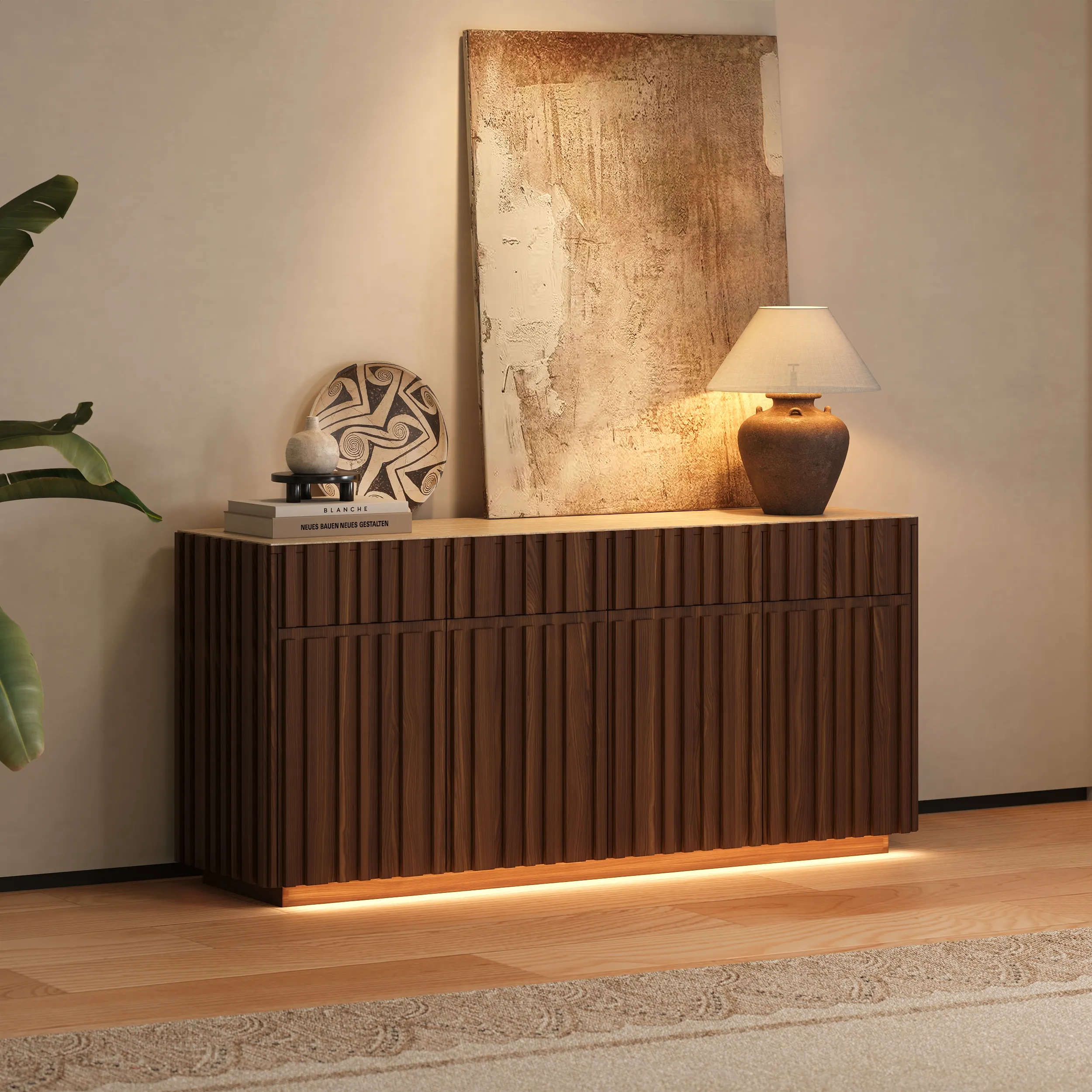 Aura Slatted TV Stand with Sintered Stone Top - Walnut, Ash Wood product