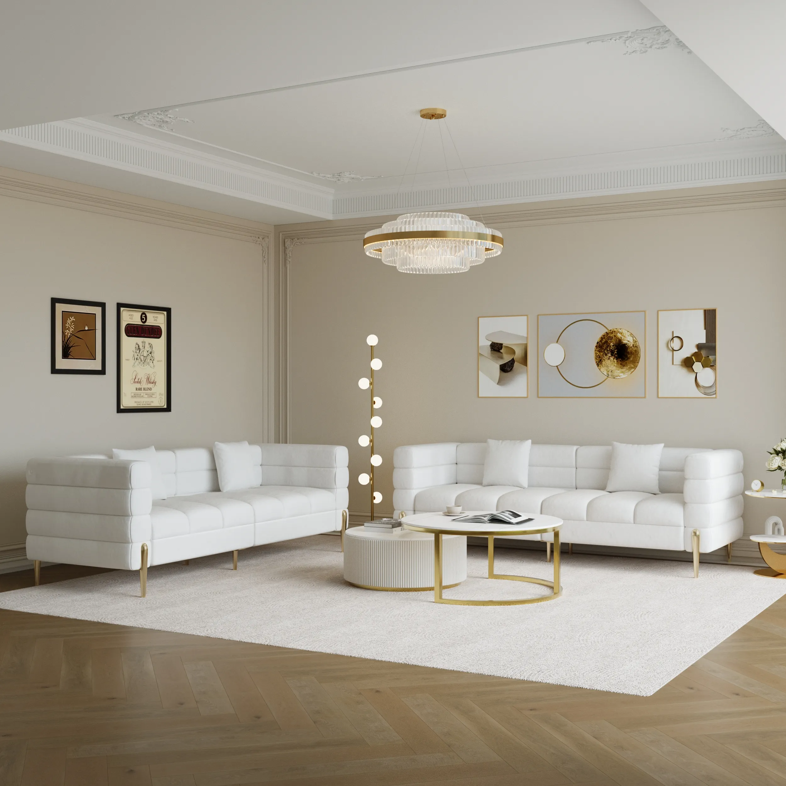 Axial Fluted Sofa Set of 2 with Gold Legs & Pillows - Leather product