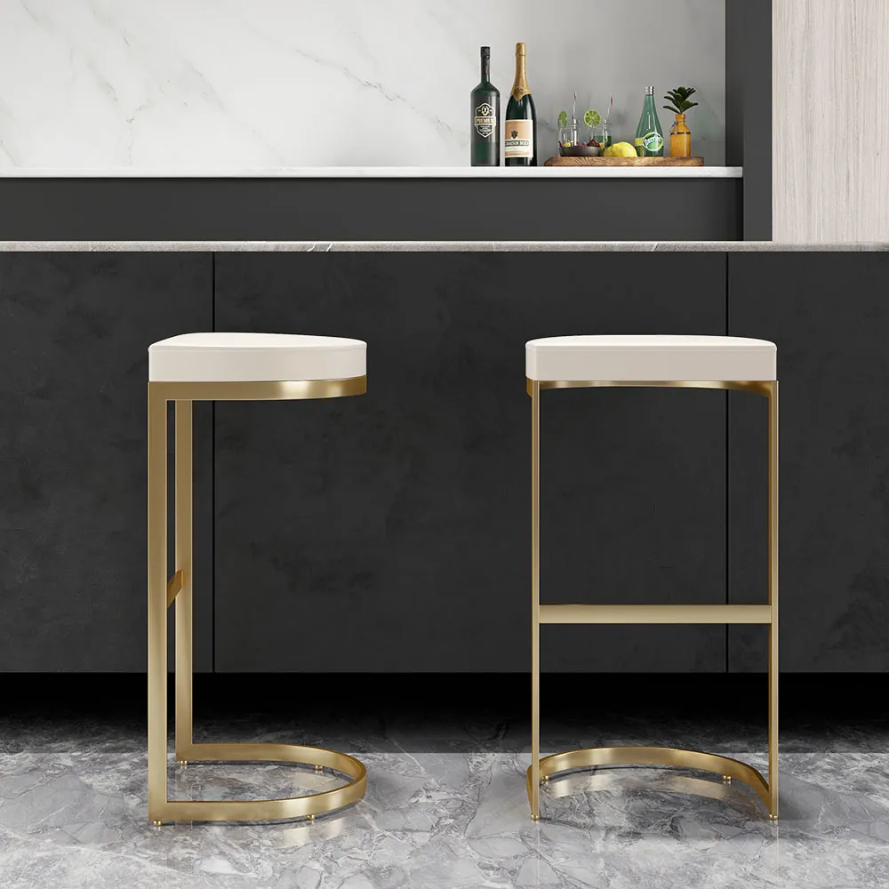 Backless Round Counter Stool with Gold Frame - Off-White, PU Leather product