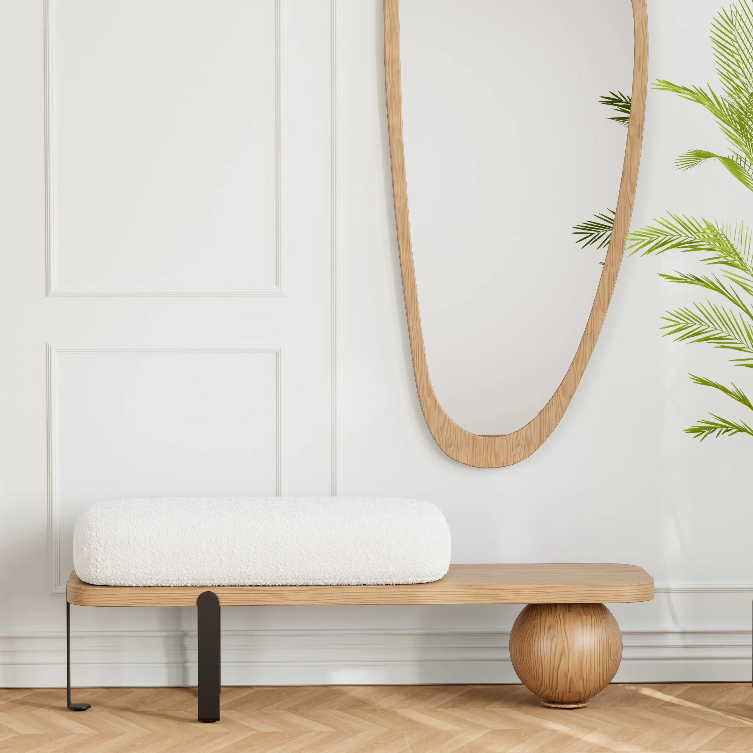 Ball Leg Entryway Bench - White & Gold, Bouclé & Metal product