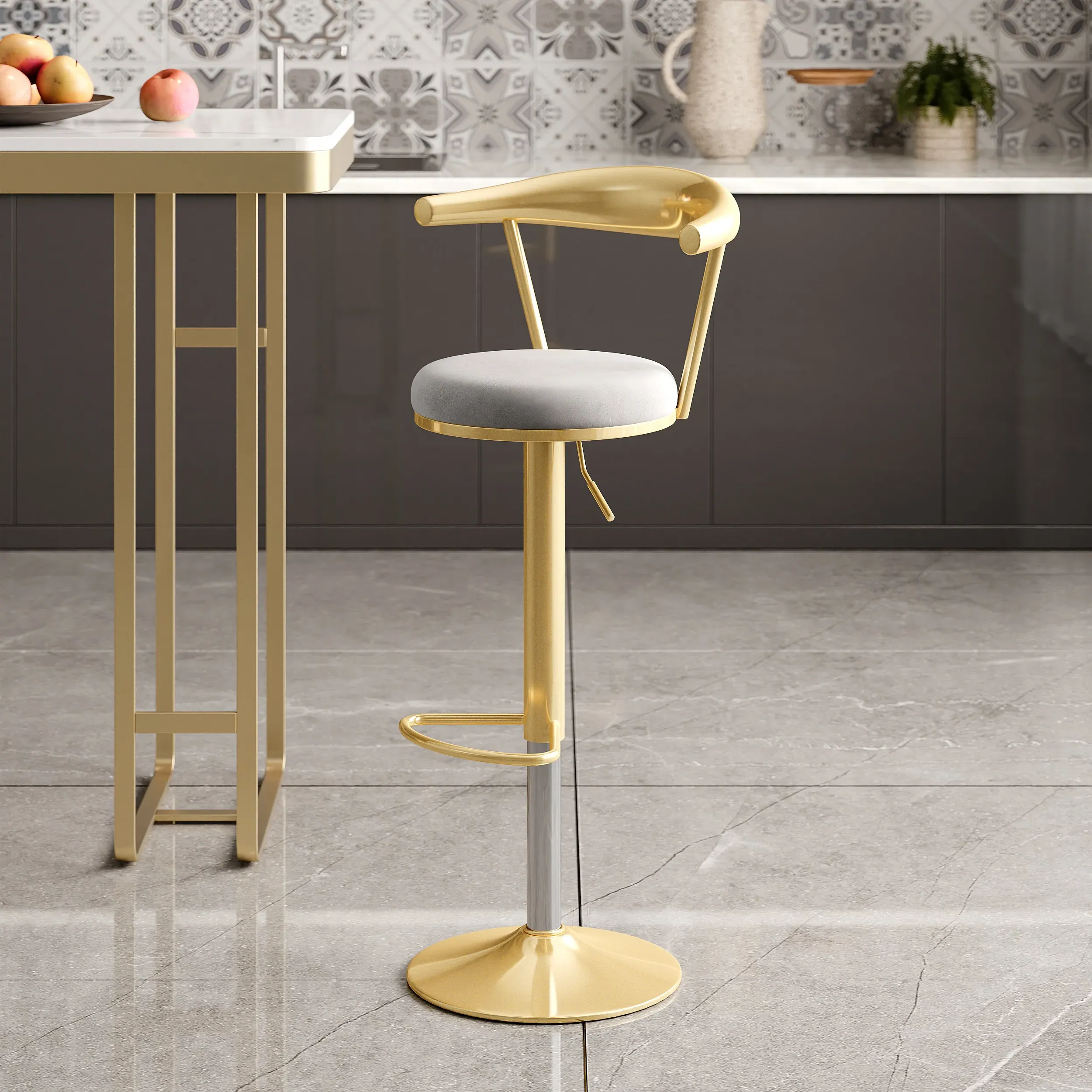 Bar Height Stool Adjustable & Swivel with Footrest - Grey, Velvet product
